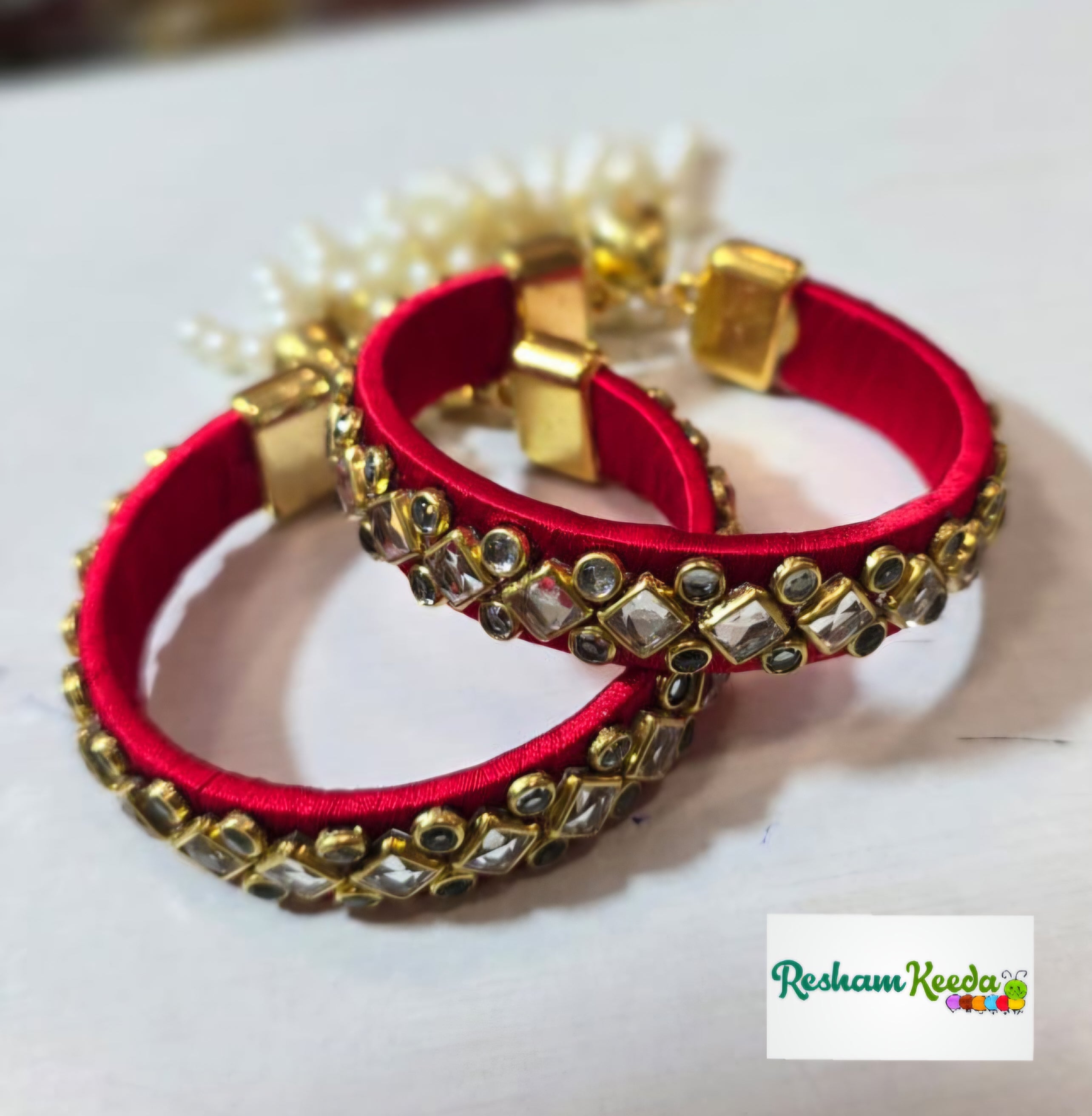 Beautiful Kundan Silk Thread Adjustable Choodi Bangles Bracelets with Motifs Latkan for Return Favours Giveaways in Keertan, Janmotsav, Diwali, Karvachauth, Haldi Mehendi Functions and Wedding Gifting (Pack of 20)