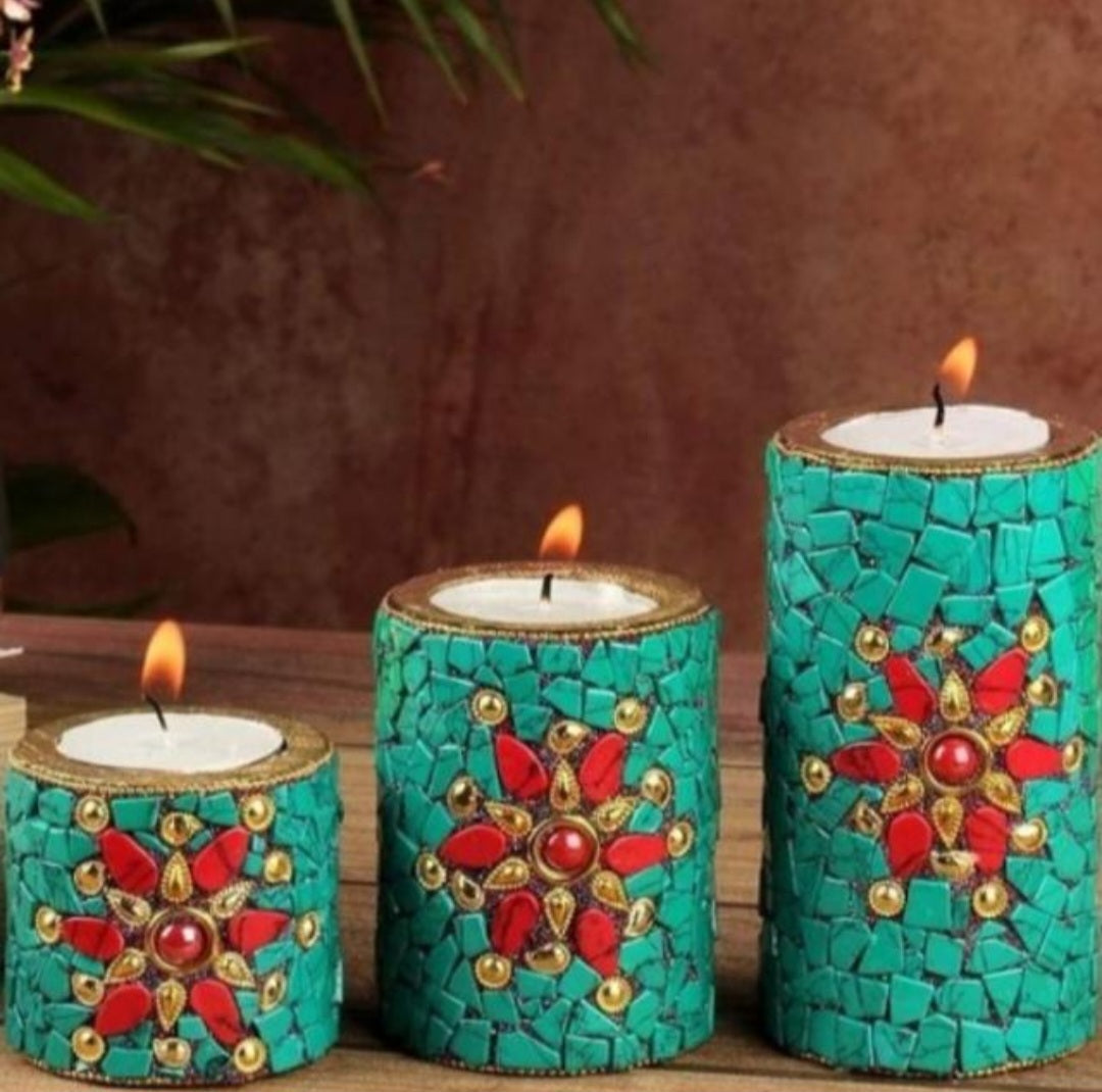 Beautiful Handcrafted Wooden Pillar Tlight and Candle Holders for Diwali Festival Home Decoration and Gifting (Set of 3 - Green)