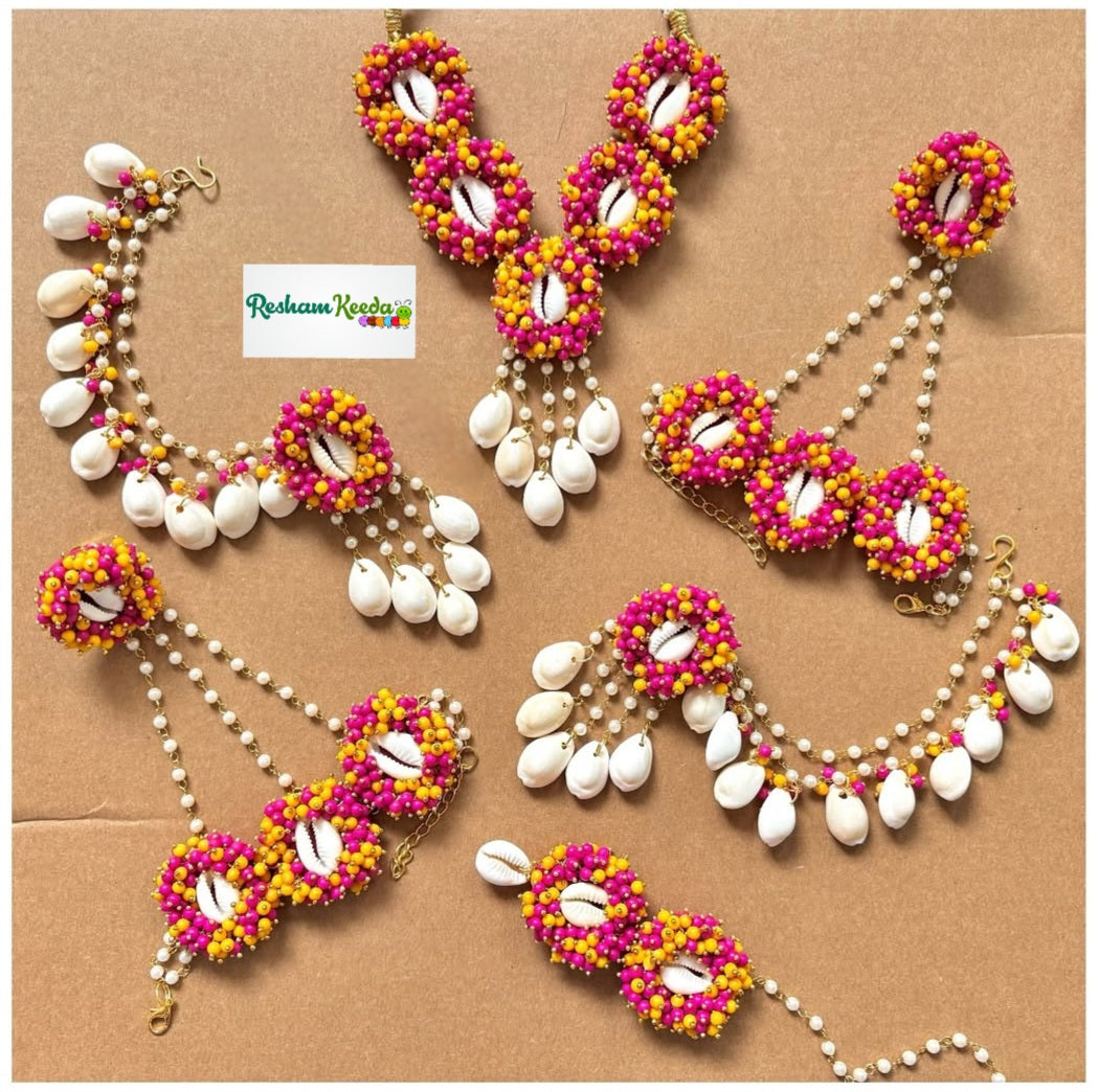Beautiful Customizable Fabric Kaudi Motifs Shell Shankh Complete Jewelery Set for Haldi Mehendi Ceremony Wedding and All Other Events