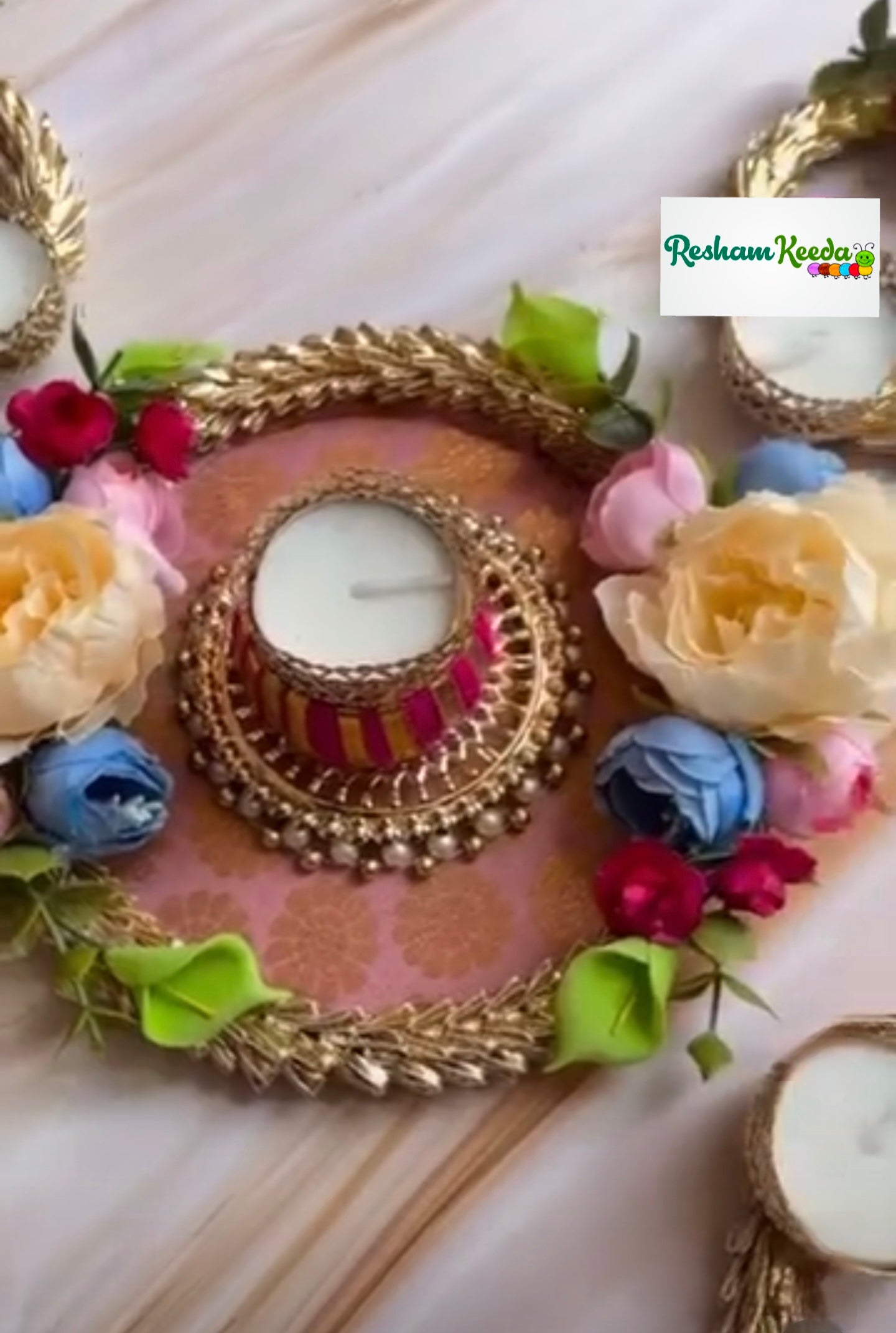 Beautiful Heavy Floral Damroo Readymade Rangoli Platter Candle Tlight Holders for Diwali Navratri Festival Wedding and Home Decoration and Gifting (Set of 5)