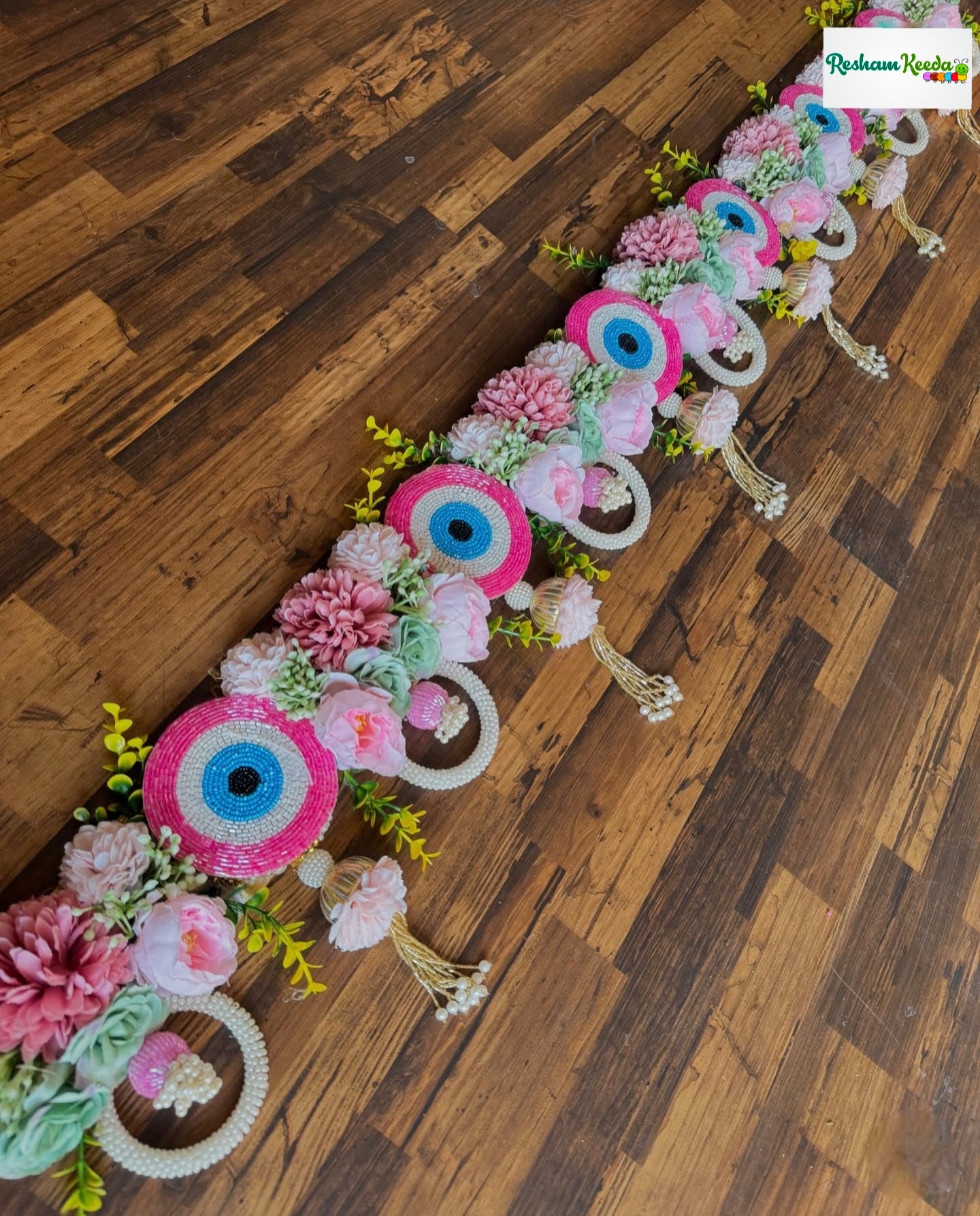 Beautifully Handcrafted Heavy Designer Floral Bandarwal Toran in Evil Eye Theme with Matching Hangings Combo For Diwali Grah Pravesh House Warming Wedding Festival Home Decoration (Pink)