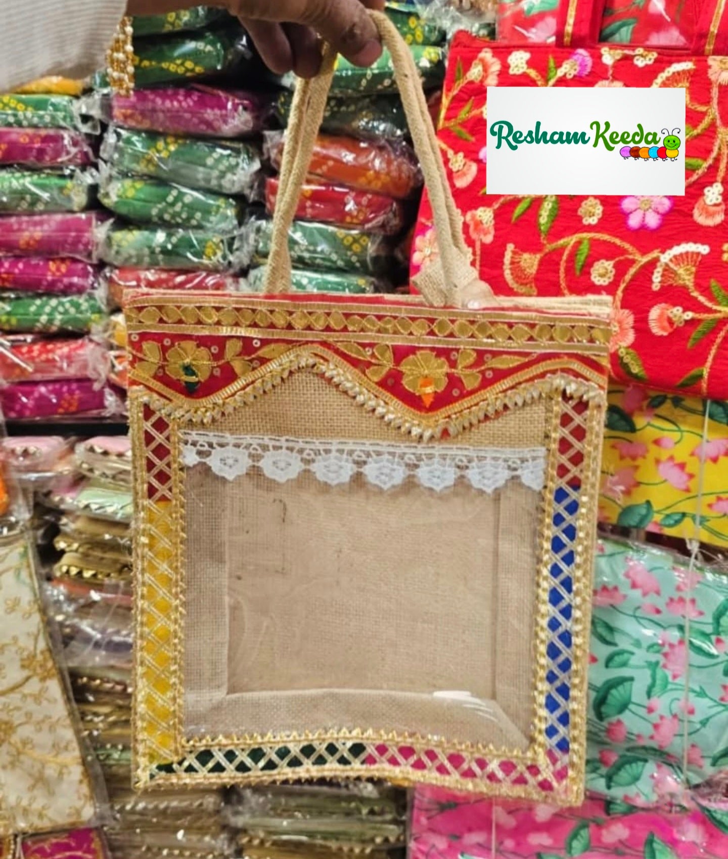 Beautifully Decorated Jute Shagun Bags with Handle For Haldi Mehendi Teej Sinjare Return Favours Giveaways and Wedding Festive Gifting (Pack of 10)