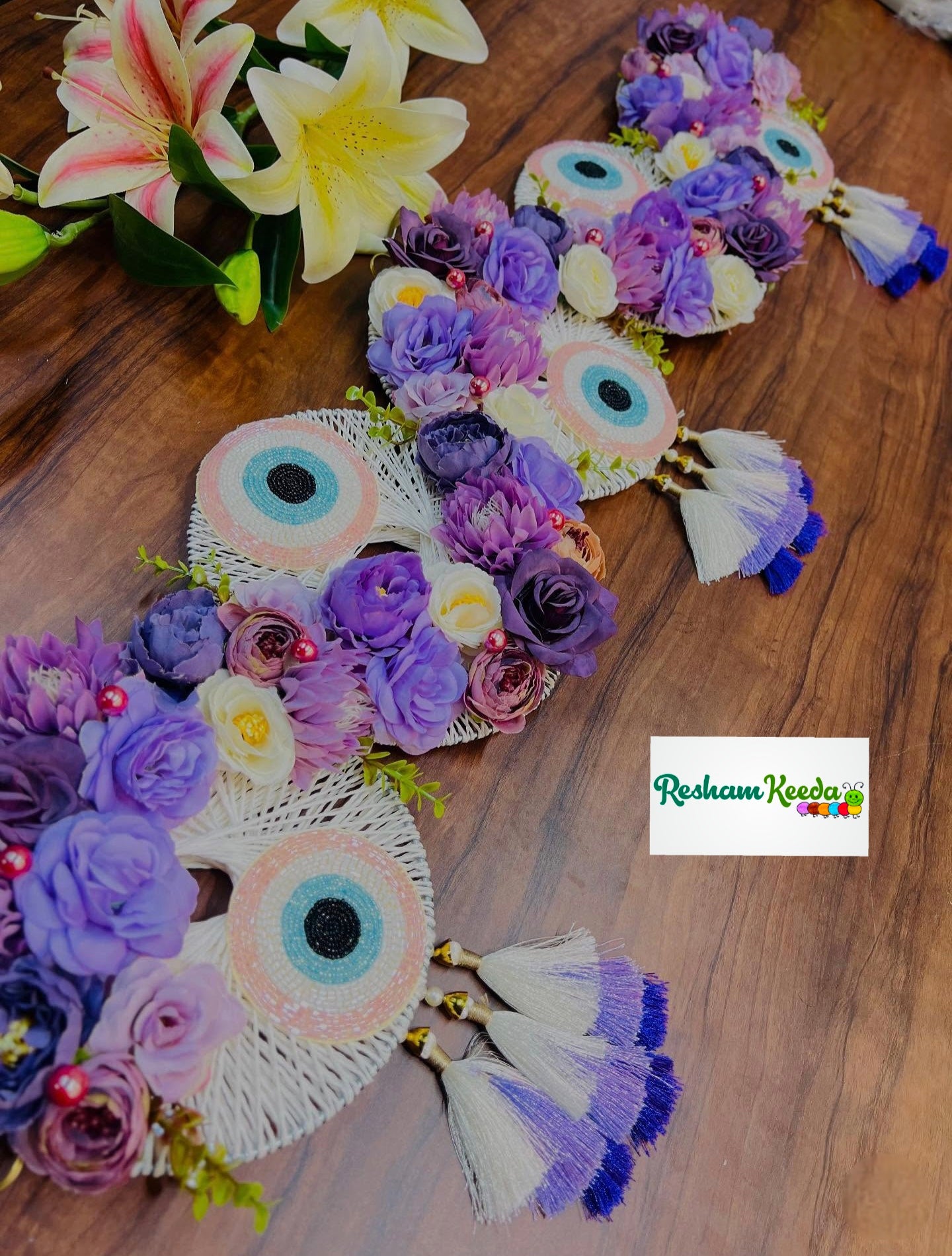 Designer Handcrafted Makruk Ring Macrame Floral Bandarwal Toran in Evil Eye Theme For Diwali Grah Pravesh House Warming Wedding Festival Home Decoration and Gifting (Peach)