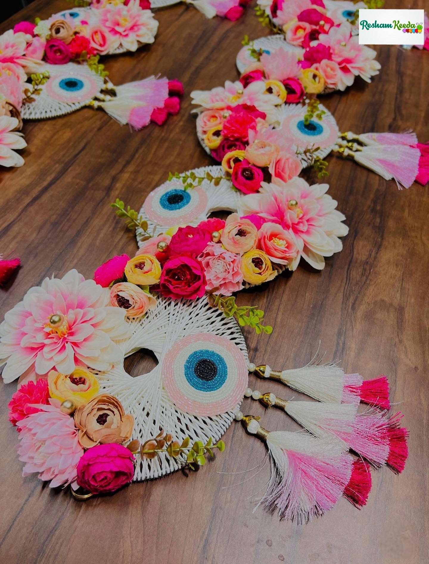 Designer Handcrafted Makruk Ring Macrame Floral Bandarwal Toran in Evil Eye Theme For Diwali Grah Pravesh House Warming Wedding Festival Home Decoration and Gifting (Peach)