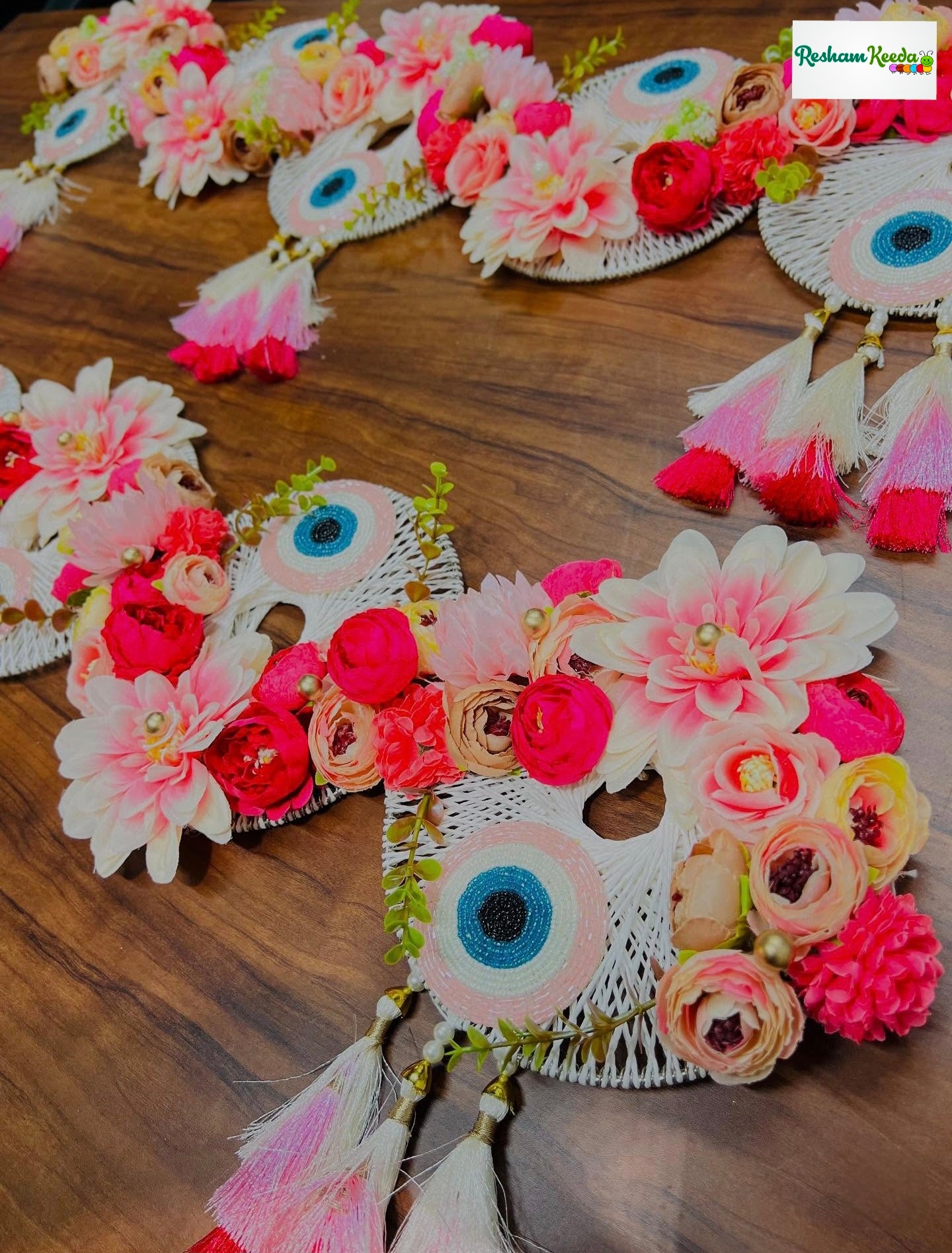 Designer Handcrafted Makruk Ring Macrame Floral Bandarwal Toran in Evil Eye Theme For Diwali Grah Pravesh House Warming Wedding Festival Home Decoration and Gifting (Peach)