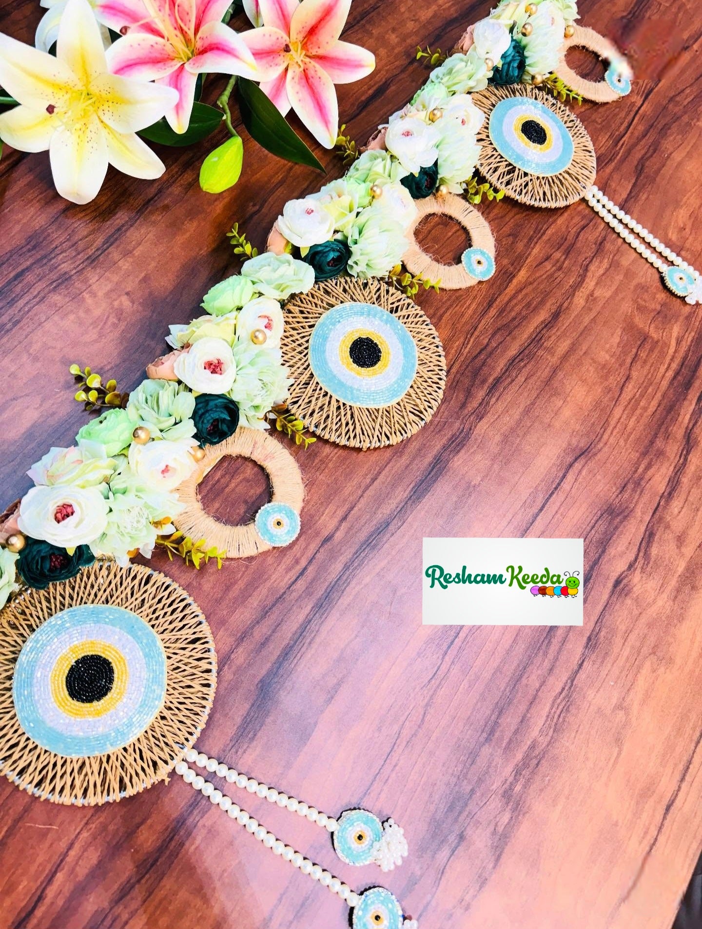 Designer Handcrafted Makruk Ring Jute Macrame Floral Bandarwal Toran in Evil Eye Theme For Diwali Grah Pravesh House Warming Wedding Festival Home Decoration and Gifting (SkyBlue)