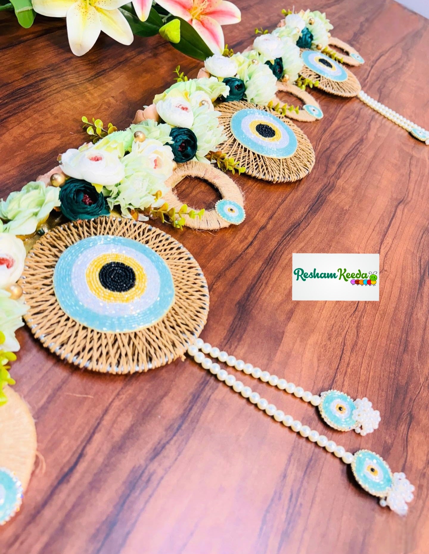 Designer Handcrafted Makruk Ring Jute Macrame Floral Bandarwal Toran in Evil Eye Theme For Diwali Grah Pravesh House Warming Wedding Festival Home Decoration and Gifting (SkyBlue)