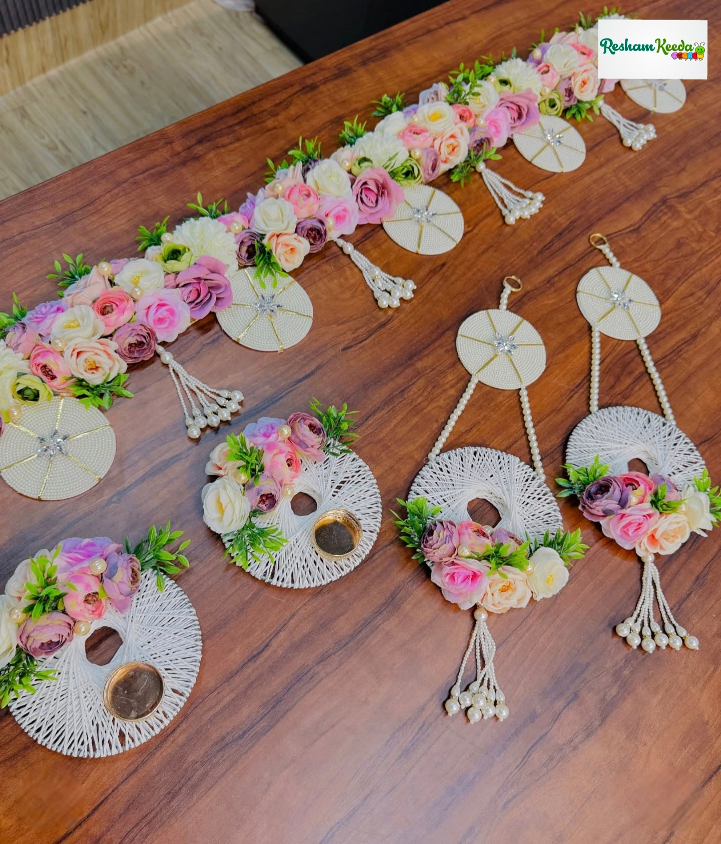 Designer Handcrafted Makruk Ring Macrame Floral Bandarwal Toran Bandhanwar with Matching Hangings and Tlight Holders Combo For Diwali Grah Pravesh House Warming Wedding Festival Home Decoration and Gifting
