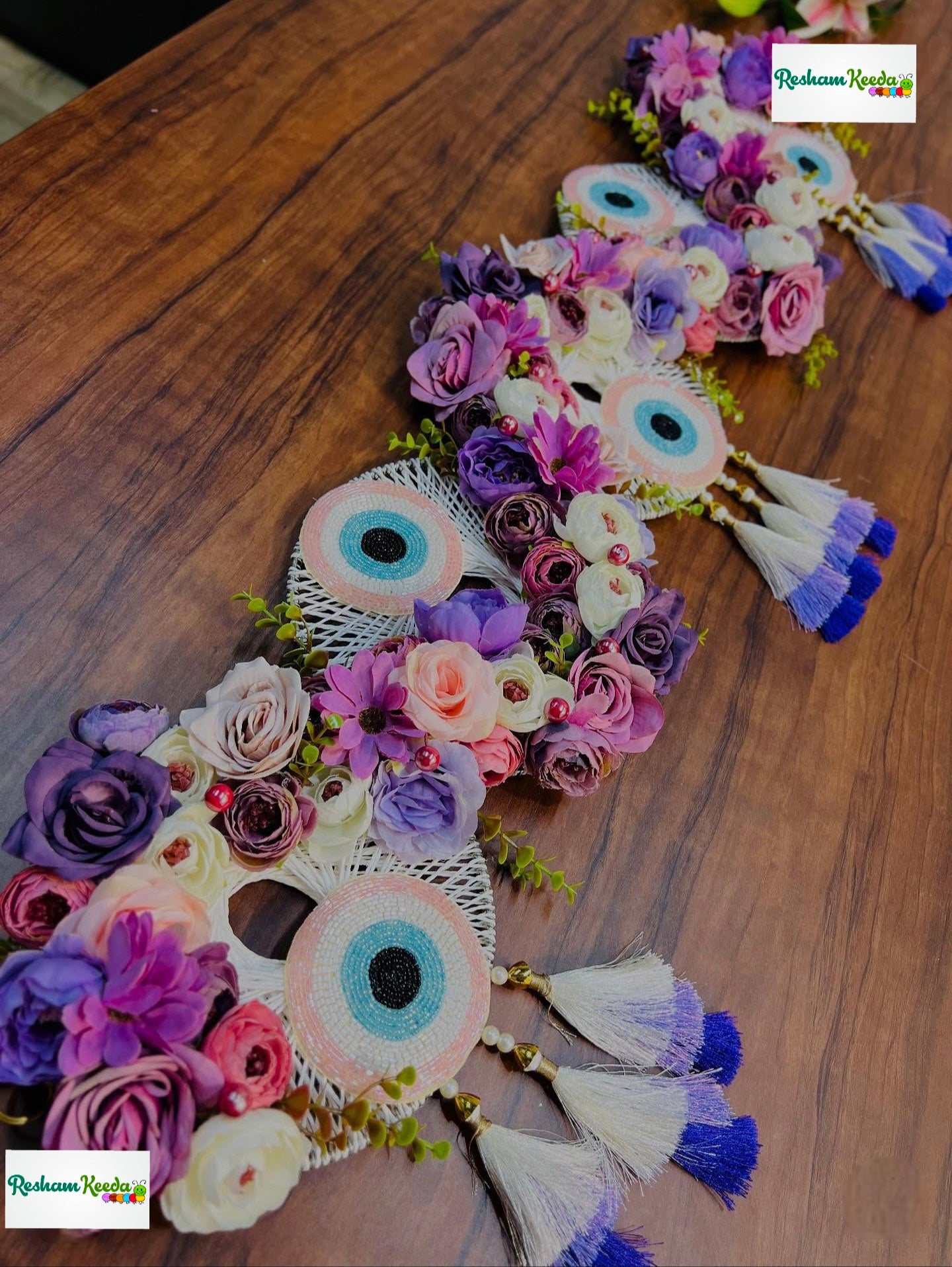 Designer Handcrafted Makruk Ring Macrame Floral Bandarwal Toran in Evil Eye Theme For Diwali Grah Pravesh House Warming Wedding Festival Home Decoration and Gifting (Peach)