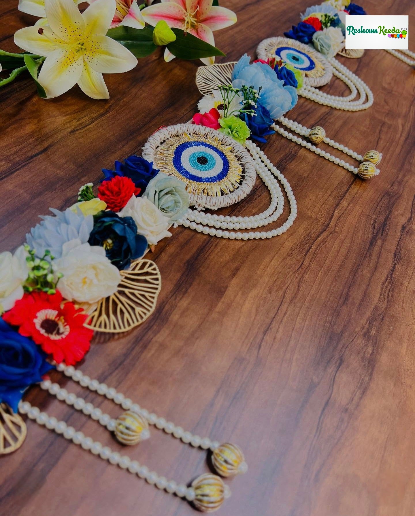 Beautifully Handcrafted Heavy Designer Floral Bandarwal Toran in Evil Eye Theme For Diwali Grah Pravesh House Warming Wedding Festival Home Decoration (Blue)