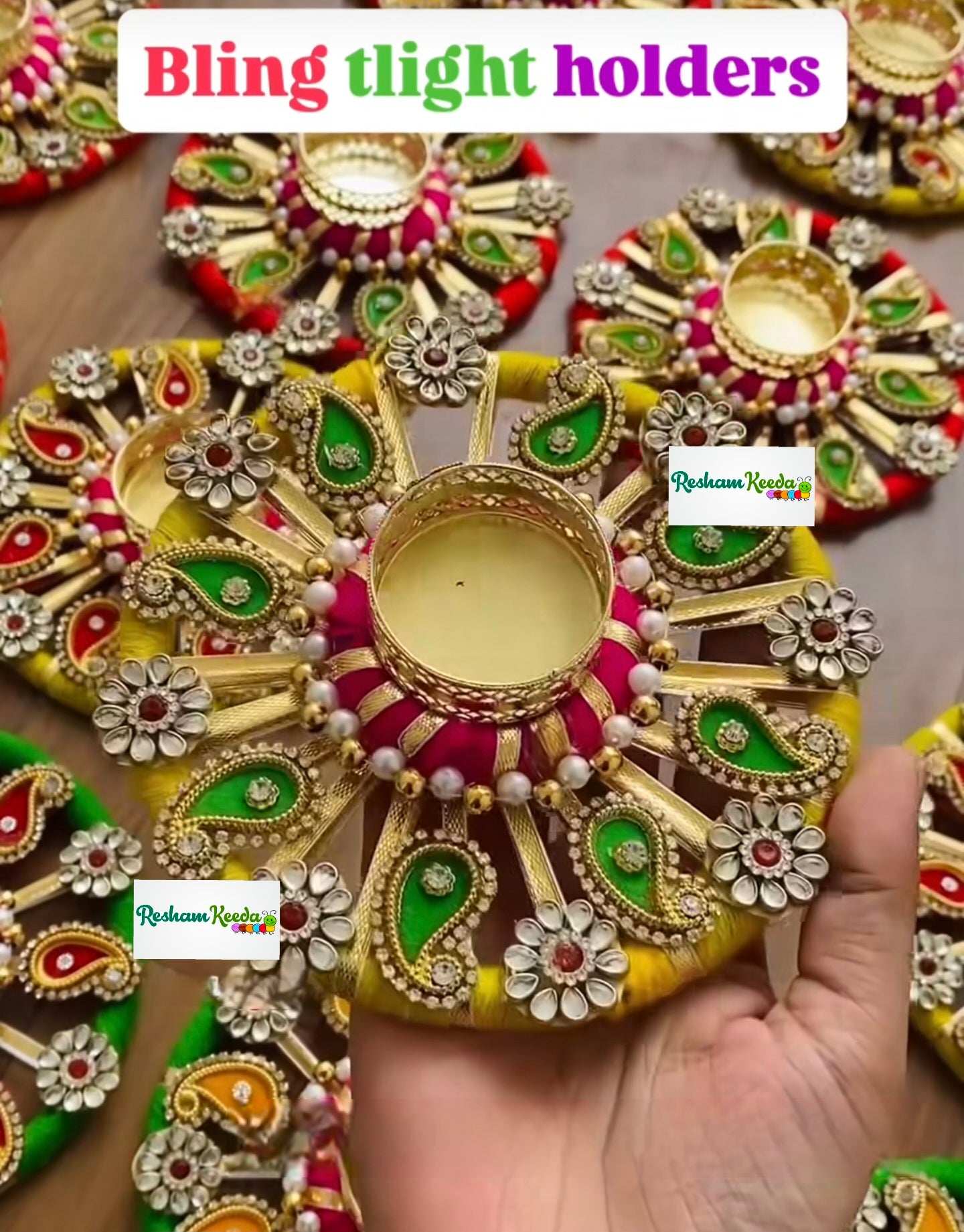 Beautiful Bling Tlights and Candle Holders in Kairi Design for Ganesh Utsav Krishna Janamashtmi Diwali Festival Wedding Home Decoration (Pack of 2)