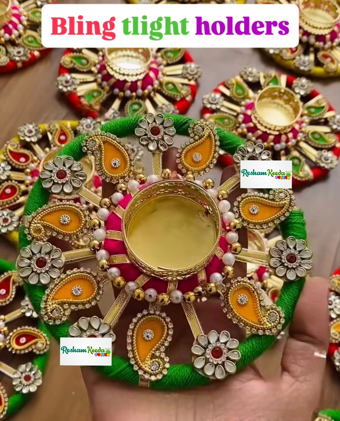 Beautiful Bling Tlights and Candle Holders in Kairi Design for Ganesh Utsav Krishna Janamashtmi Diwali Festival Wedding Home Decoration (Pack of 2)