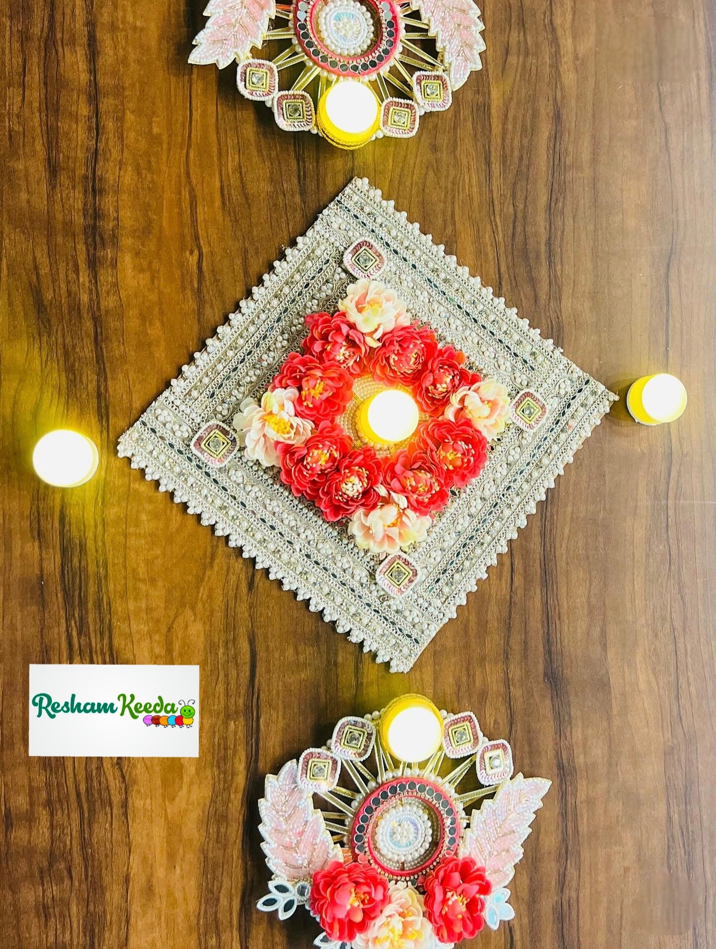 Readymade Handcrafted Leaves Floral Rangoli Platter with Tlight and Candle Holders for Wedding Diwali Navratri Festival and Home Decoration (Set of 3)