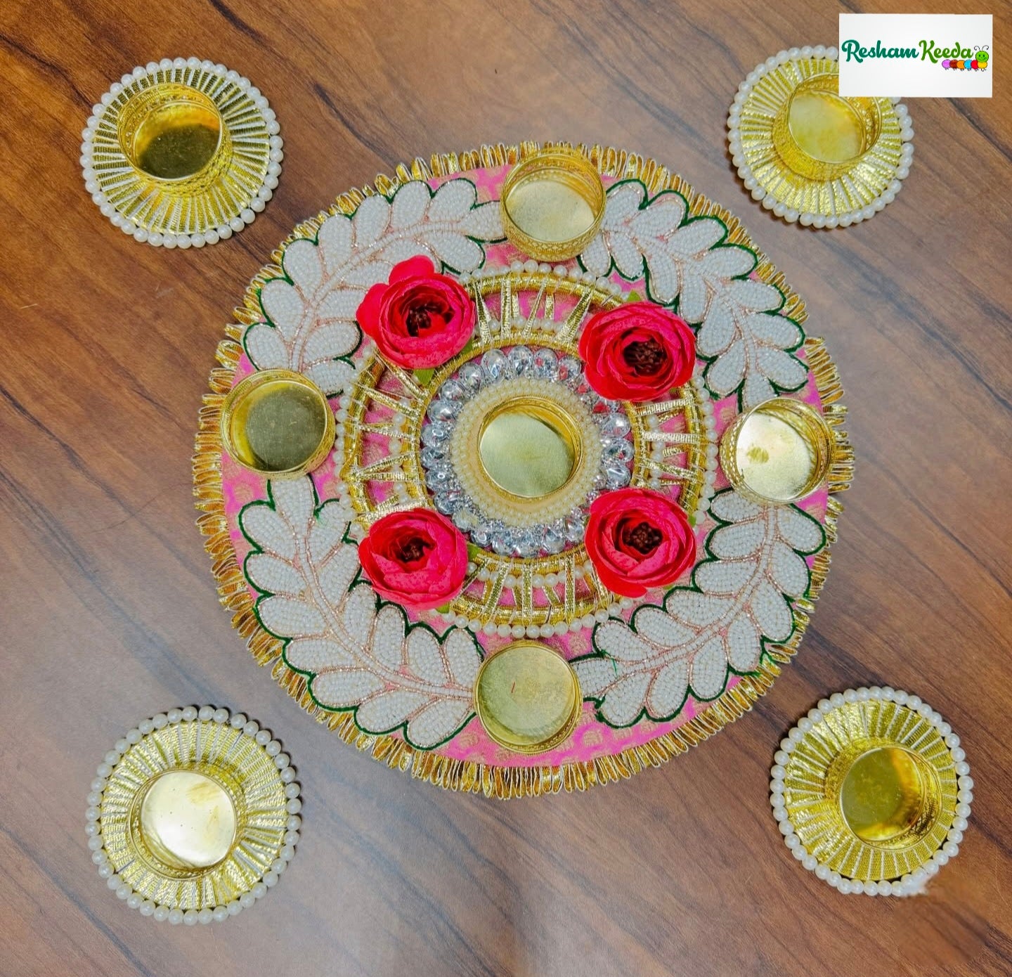 Beautiful Handcrafted Floral Leaves Readymade Rangoli Platter with Candle Tlight Holders  for Diwali Navratri Festival Wedding and Home Decoration (Set of 5 pieces)