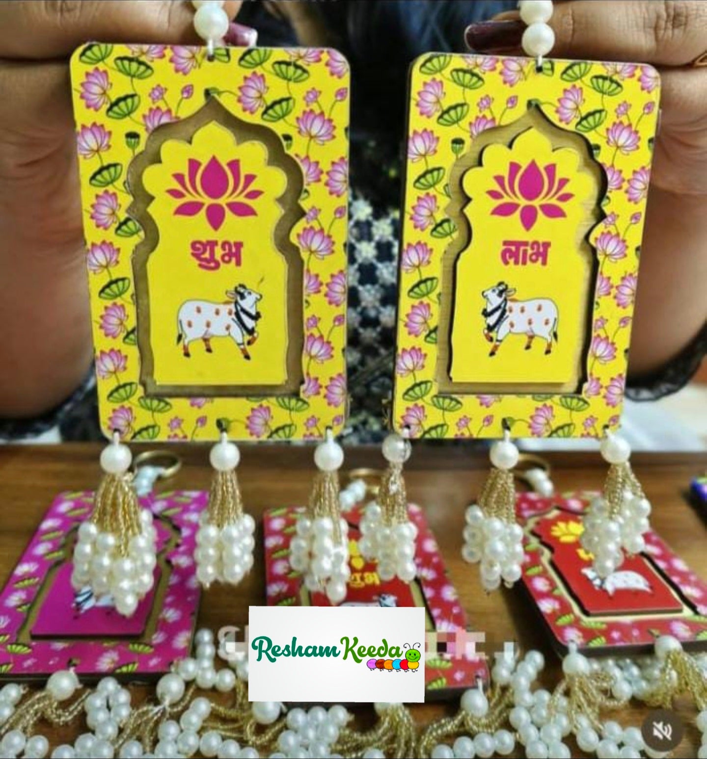 Budget Friendly Pichwai Cow Print Acrylic Shubh Labh MDF Wall Door Hanging for Diwali Navratri Festival Wedding Home Decoration (2 Pairs)