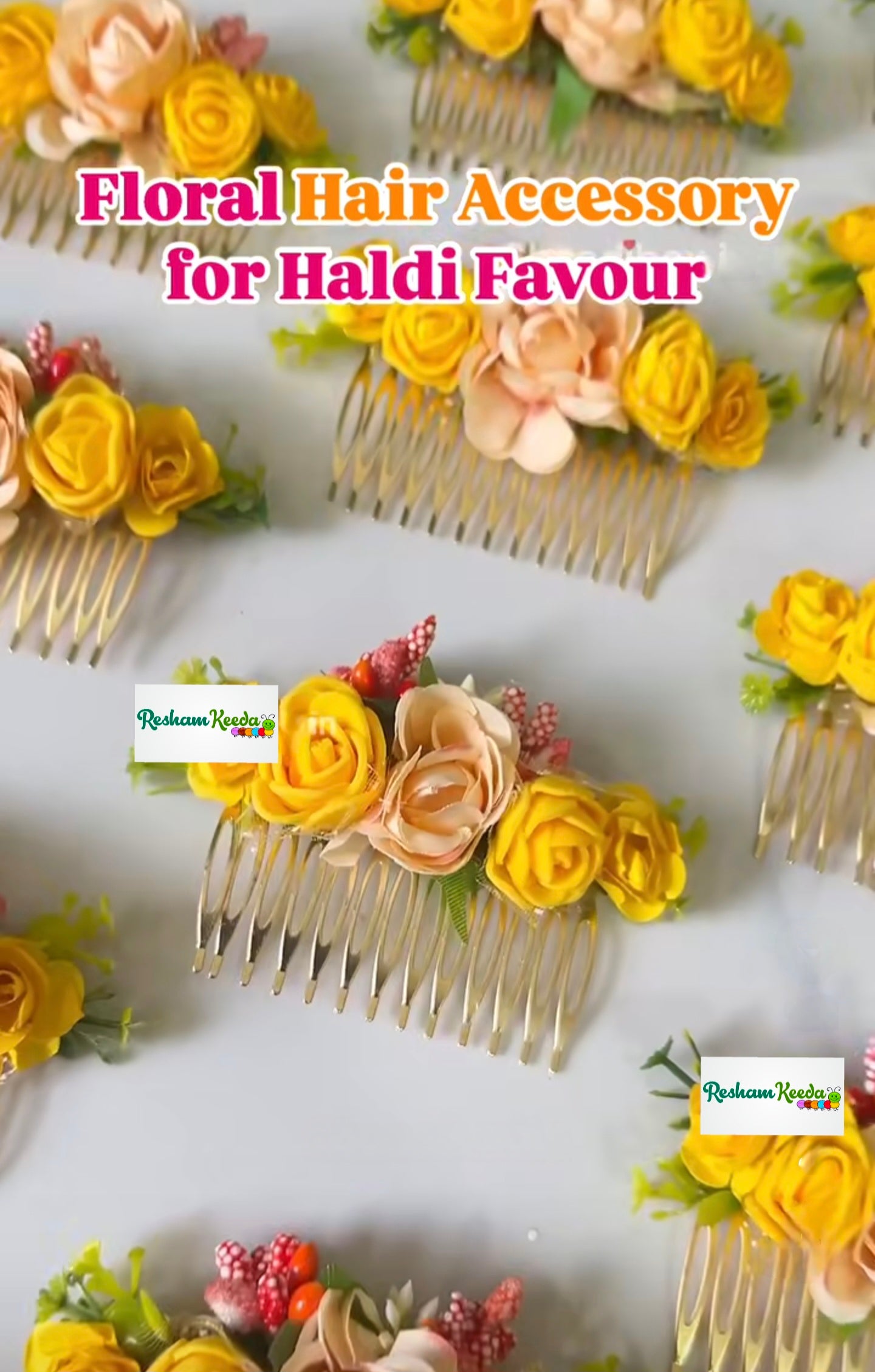 Beautiful Yellow Floral Hair Juda Bun Comb Clip Accessory for Return Favours Gifting Giveaways in Haldi Mehendi Wedding Parties for Bridesmaid (Set of 5)