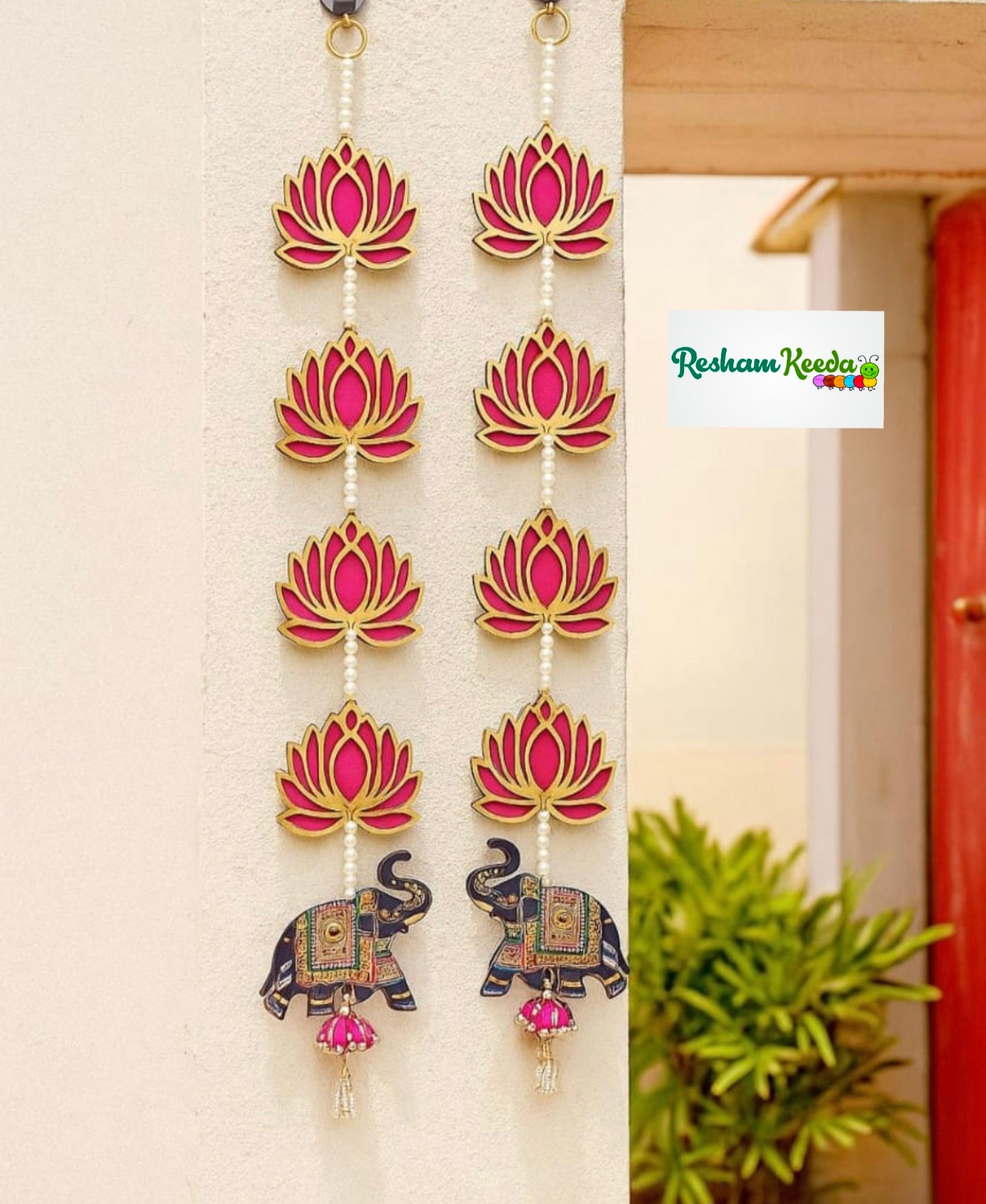 Budget Friendly Handmade Lotus with Elephant Shubh Labh Door Wall Hangings for Diwali Navratri Festival Wedding and Home Decoration (2 pairs)