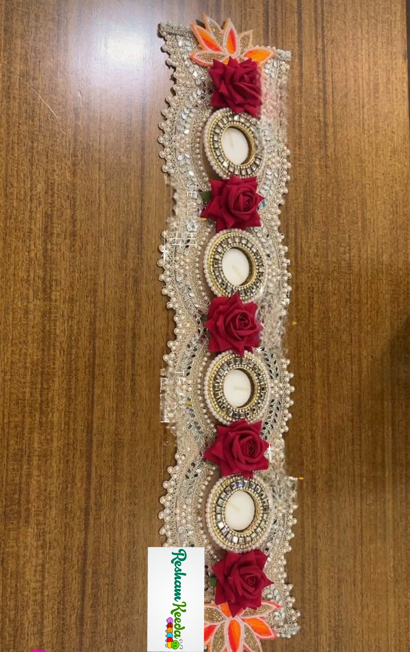 Beautiful Budget Friendly Readymade Handcrafted Mirror Work Rangoli Platter Table Runner Center Piece with Tlight and Candle Holders for Wedding Diwali Festival and Home Decoration (1 piece)