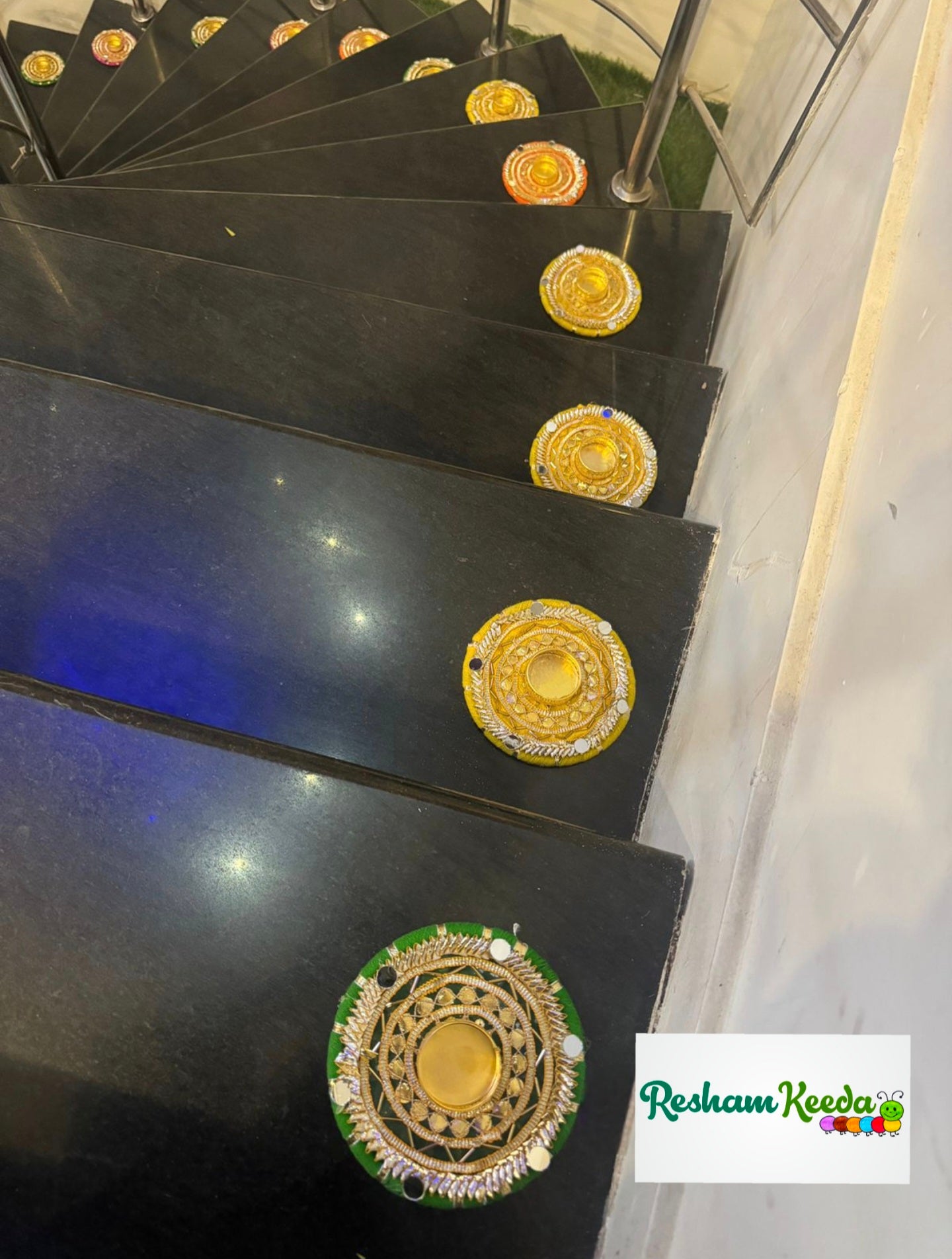 Beautiful Gota Patti Mirror Decorated Stair Mats (Paidi) with Tlights and Candle Holders for Diwali, Wedding and Home Decoration for All Events (Set of 10)