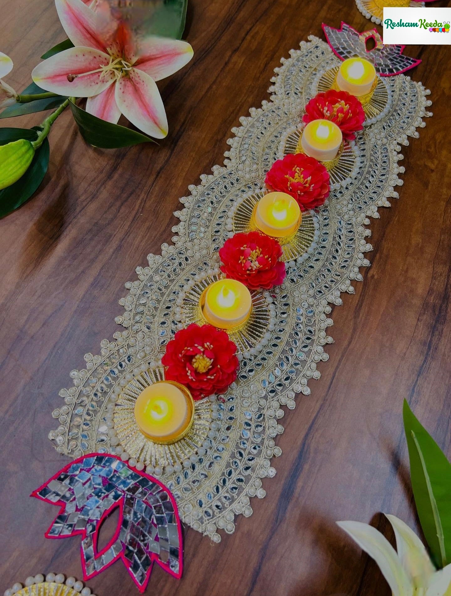 Beautiful Budget Friendly Readymade Handcrafted Mirror Work Lotus Rangoli Platter Table Runner Center Piece with Tlight and Candle Holders for Wedding Diwali Festival and Home Decoration (Set of 3 pieces)