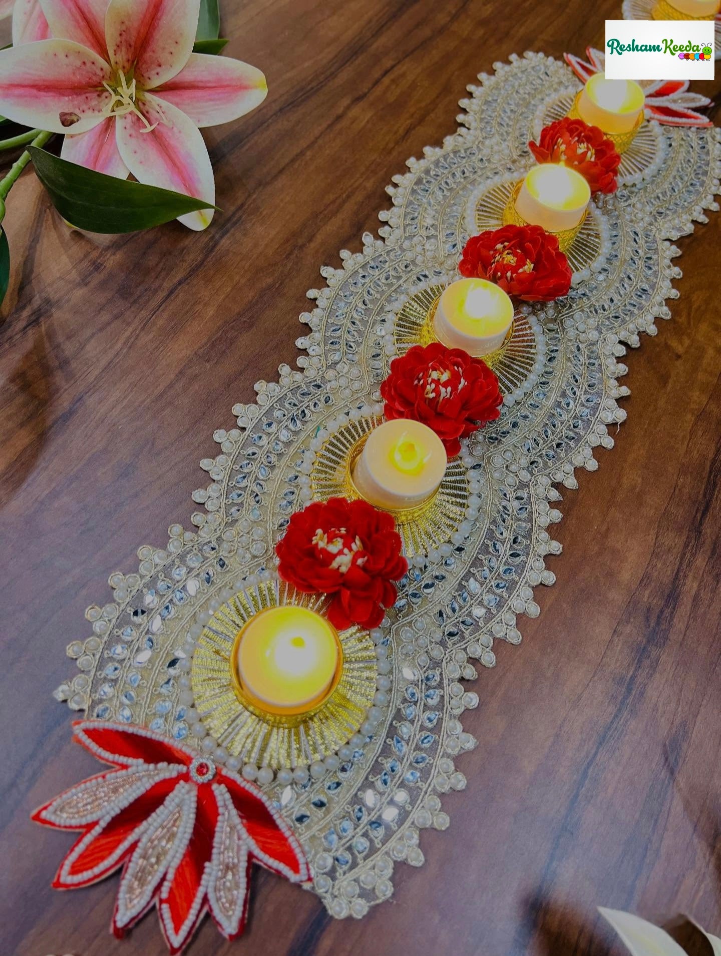 Beautiful Budget Friendly Readymade Handcrafted Mirror Work Lotus Rangoli Platter Table Runner Center Piece with Tlight and Candle Holders for Wedding Diwali Festival and Home Decoration (Set of 3 pieces)