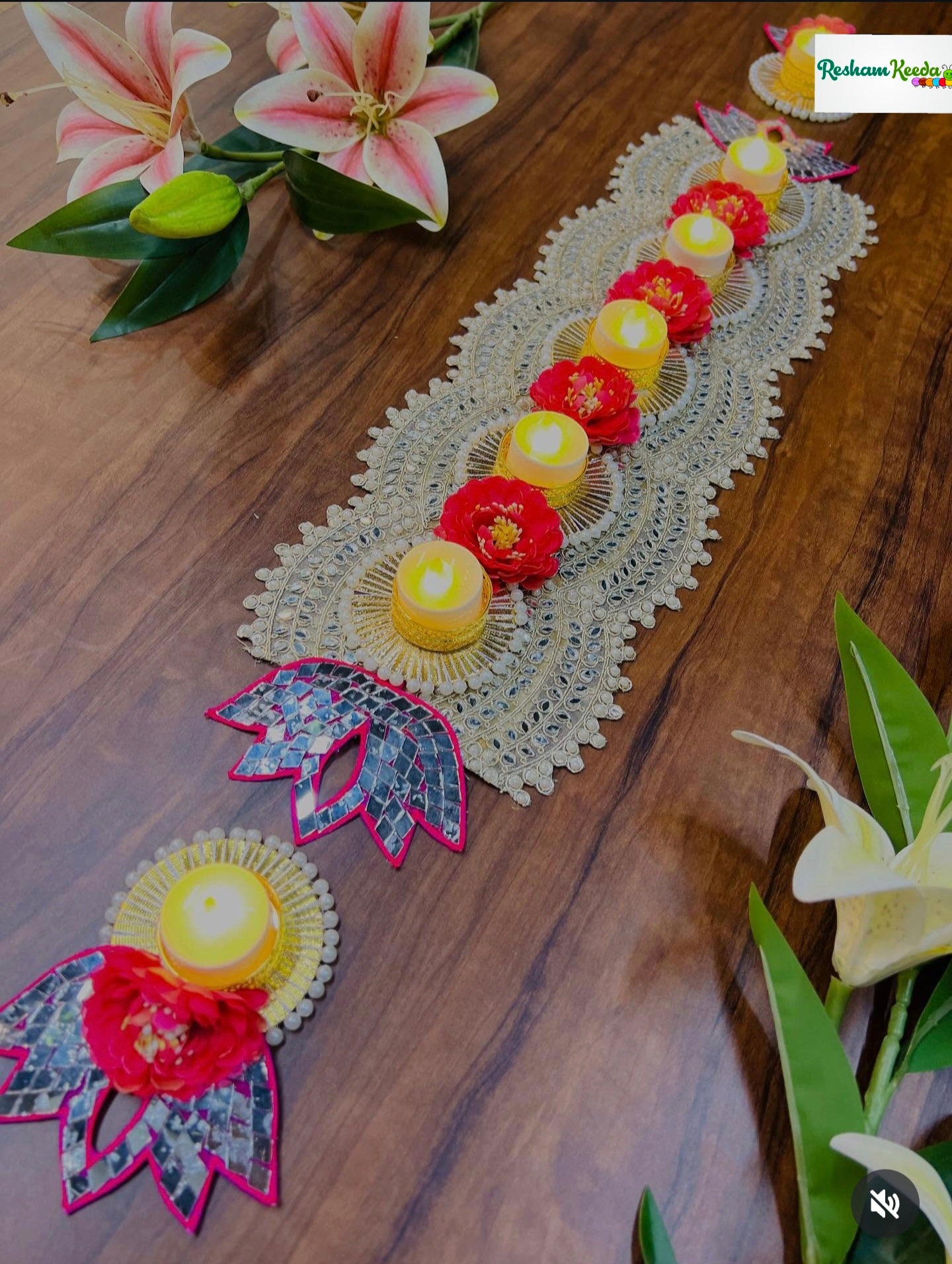 Beautiful Budget Friendly Readymade Handcrafted Mirror Work Lotus Rangoli Platter Table Runner Center Piece with Tlight and Candle Holders for Wedding Diwali Festival and Home Decoration (Set of 3 pieces)