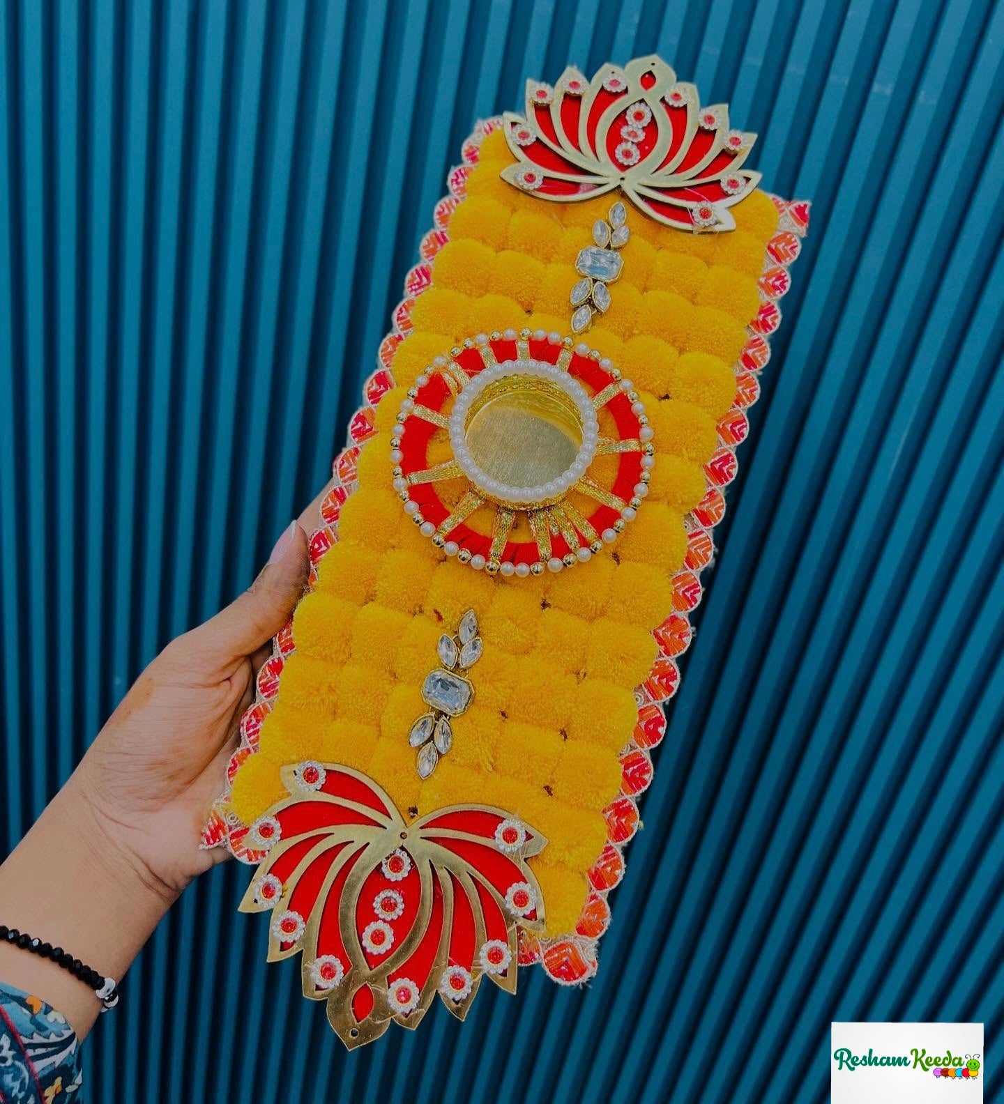 Beautiful Budget Friendly Readymade Handcrafted Pom Pom Lotus Stone Studded Rangoli Platter with Tlight and Candle Holders for Wedding Diwali Festival and Home Decoration