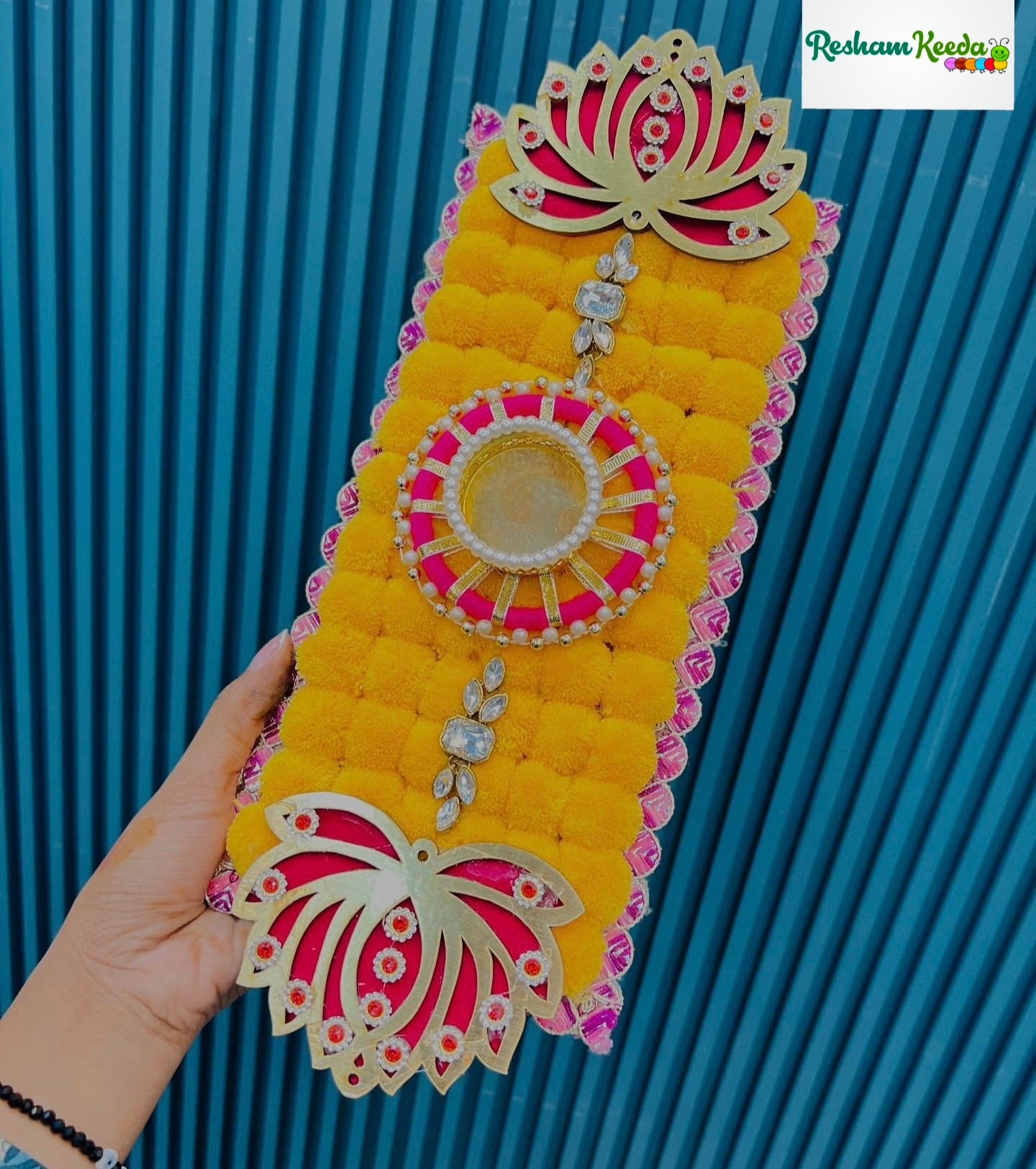 Beautiful Budget Friendly Readymade Handcrafted Pom Pom Lotus Stone Studded Rangoli Platter with Tlight and Candle Holders for Wedding Diwali Festival and Home Decoration