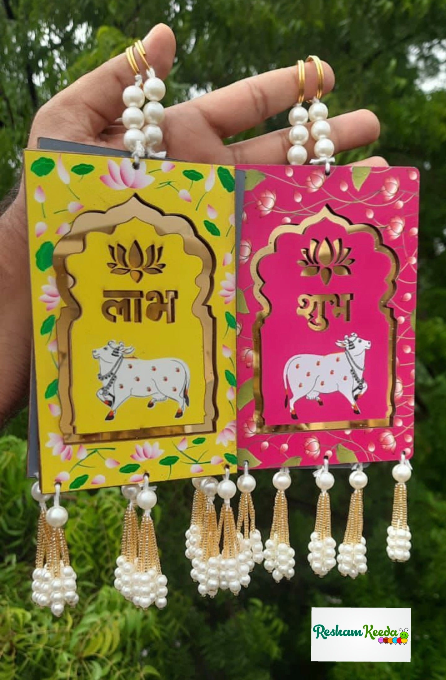 Budget Friendly Pichwai Cow Print Acrylic Shubh Labh MDF Wall Door Hanging for Diwali Navratri Festival Wedding Home Decoration (2 Pairs)