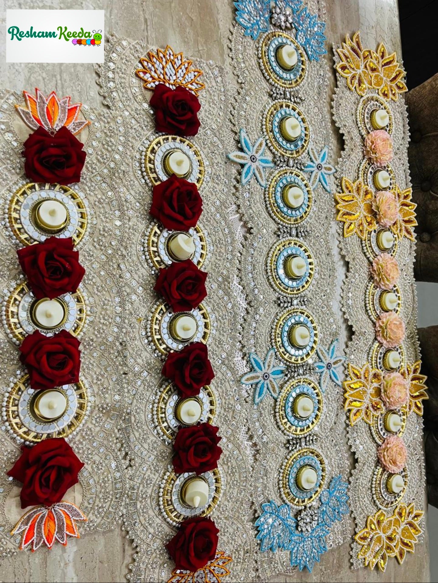 Beautiful Budget Friendly Readymade Handcrafted Mirror Work Rangoli Platter Table Runner Center Piece with Tlight and Candle Holders for Wedding Diwali Festival and Home Decoration (1 piece)