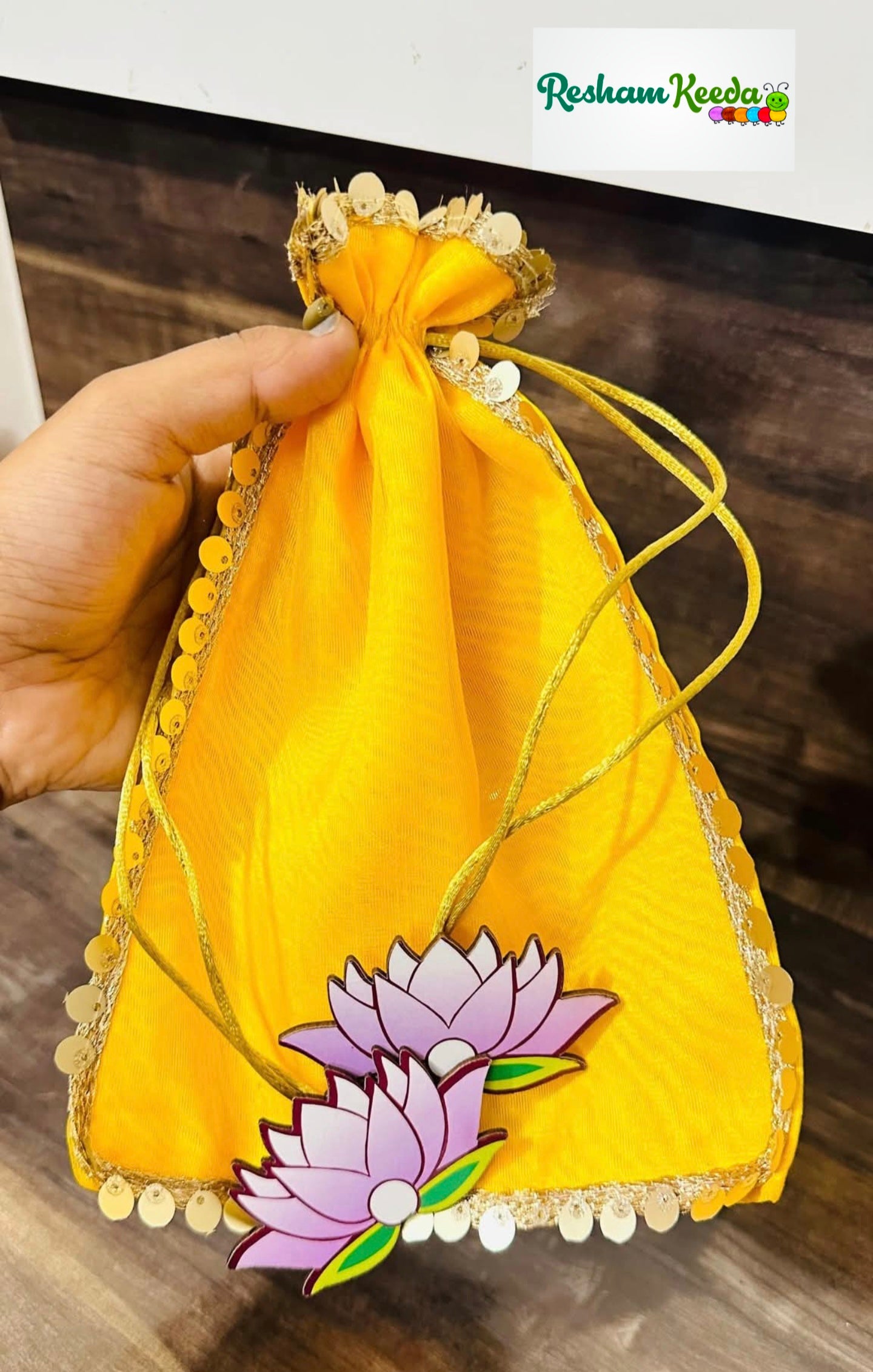 Organza Potlis with Lotus Bootis Perfect for Diwali Navratri House Warming Haldi Mehendi Babyshower and Wedding Gifting (Pack of 20)