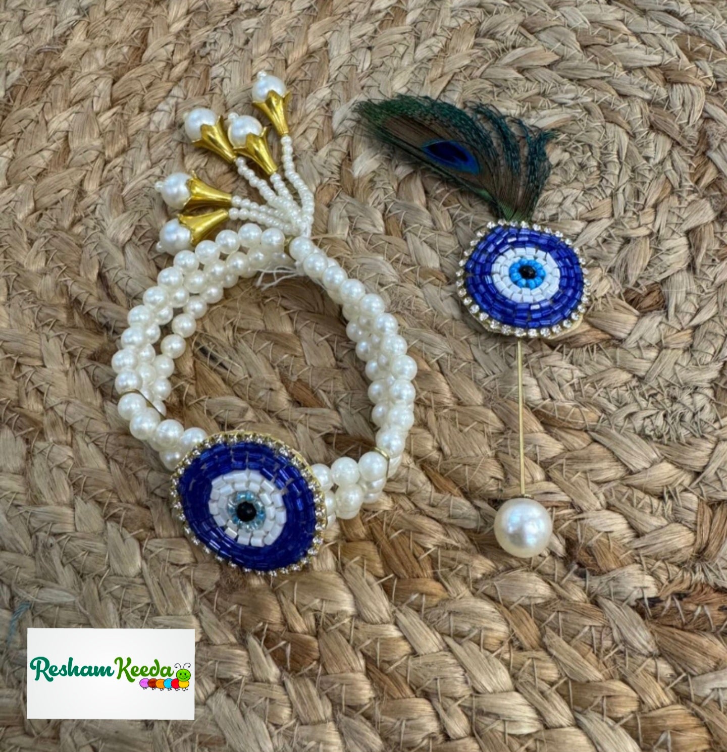 Budget Friendly Combo of Kundan Motifs Evil Eye Bracelet and Lapel Pin Brooch with Morpankh for Return Favours Gifting Giveaways in Haldi Mehendi Mameru Bhaat Swagat Baarat Wedding and Other Events (Pack of 10)