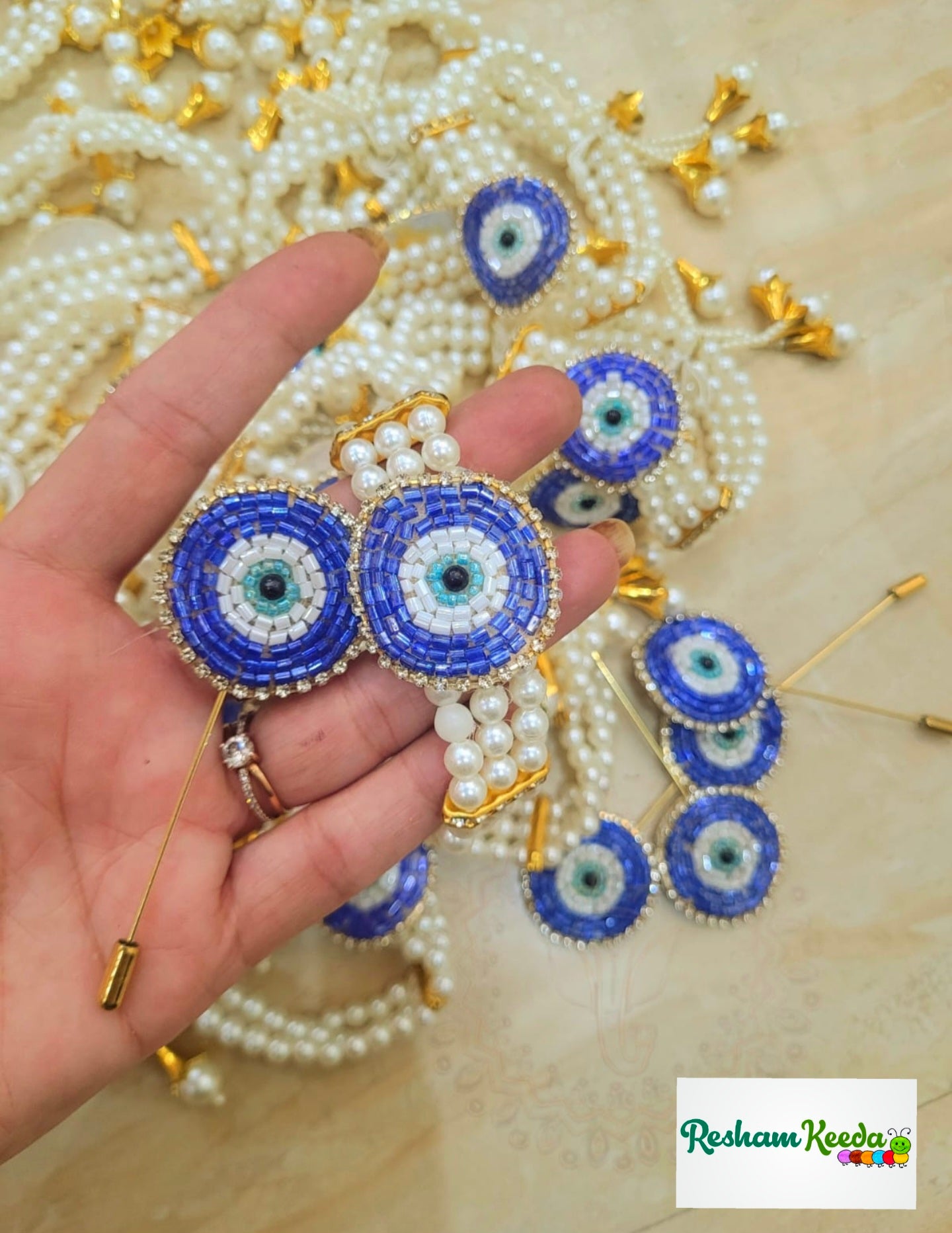 Budget Friendly Combo of Kundan Motifs Evil Eye Bracelet and Lapel Pin Brooch with Morpankh for Return Favours Gifting Giveaways in Haldi Mehendi Mameru Bhaat Swagat Baarat Wedding and Other Events (Pack of 10)