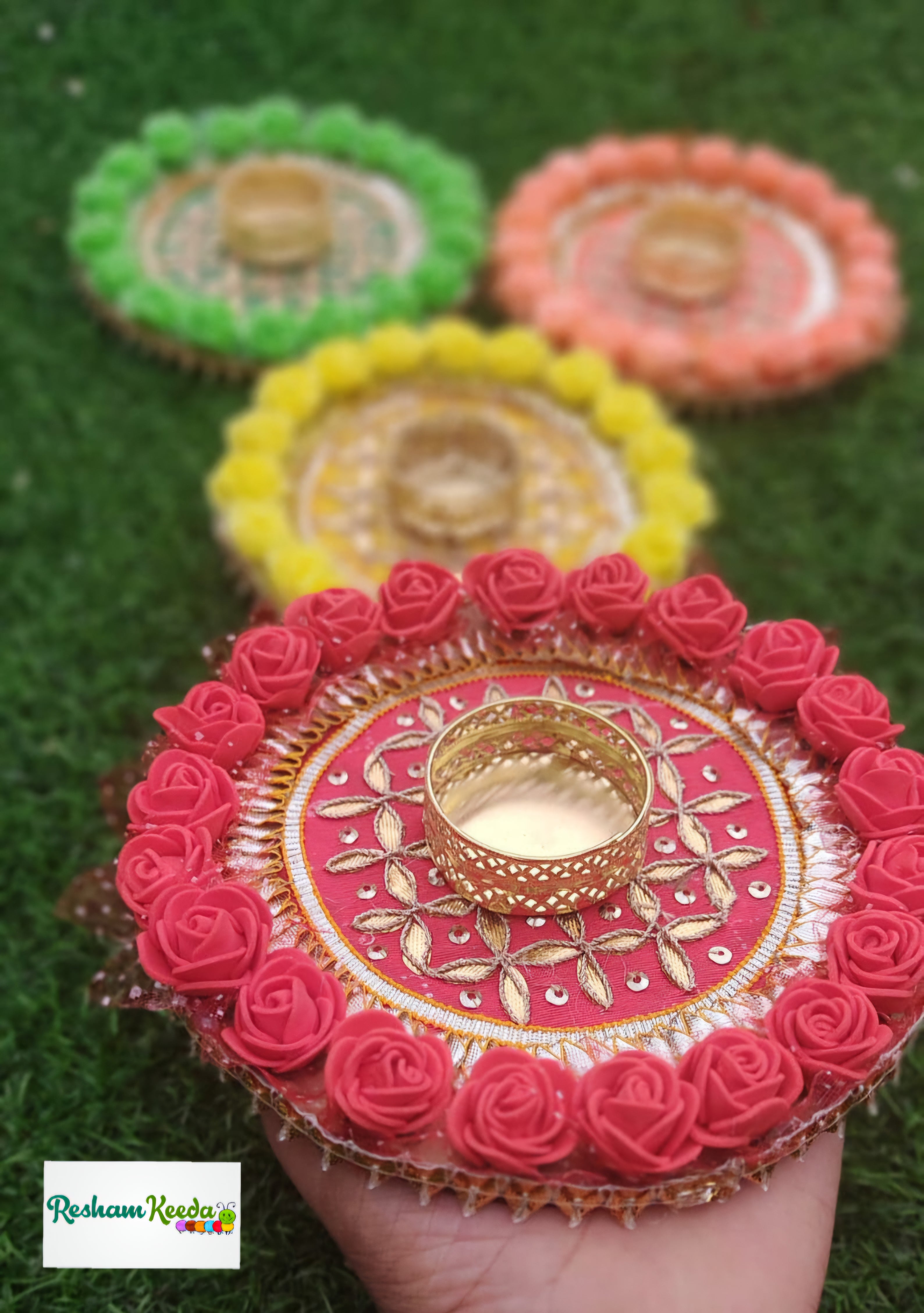 Beautiful Budget Friendly Readymade Handcrafted Floral Rangoli Platter with Tlight and Candle Holders for Wedding Diwali Festival and Home Decoration (Pack of 4)