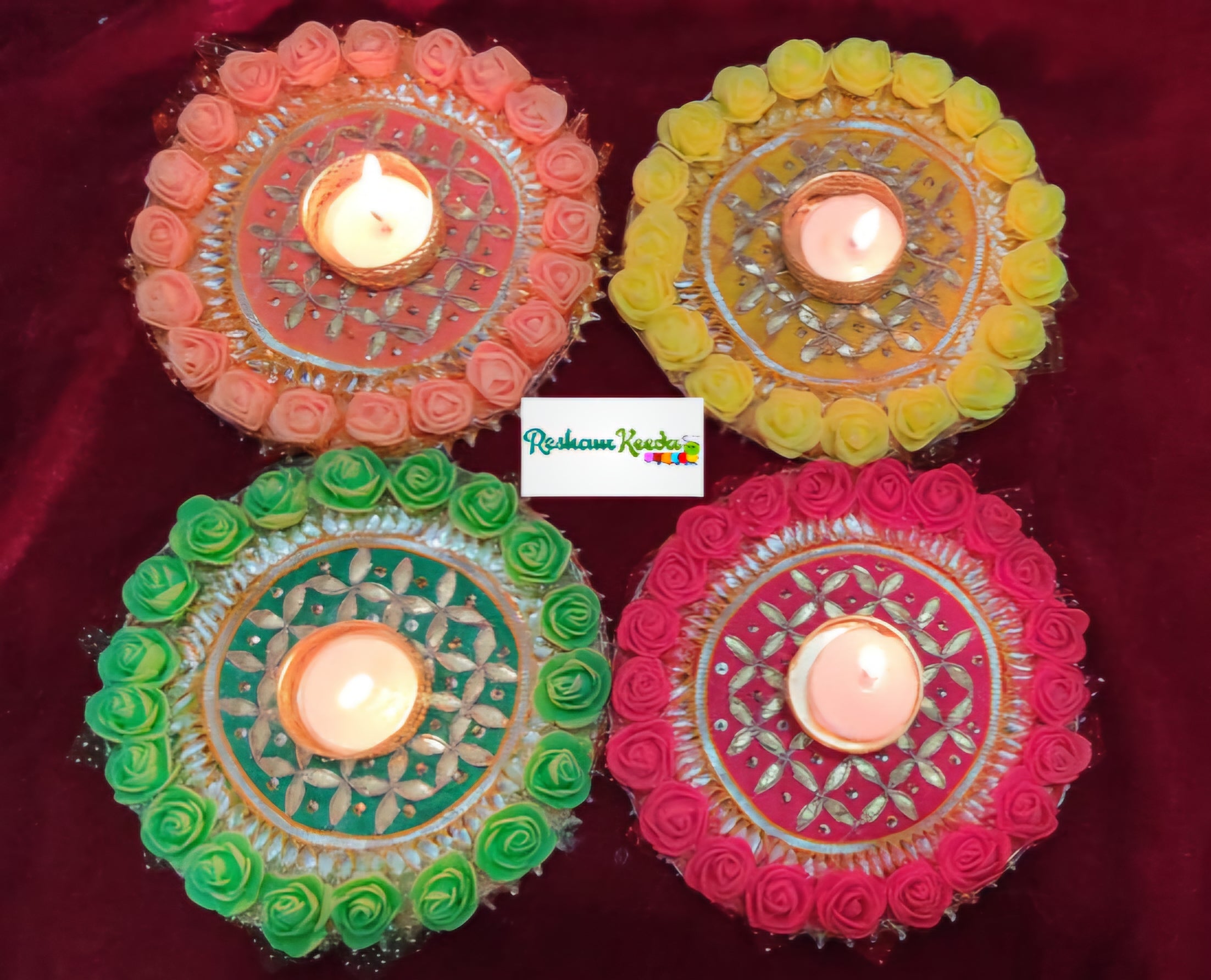 Beautiful Budget Friendly Readymade Handcrafted Floral Rangoli Platter with Tlight and Candle Holders for Wedding Diwali Festival and Home Decoration (Pack of 4)