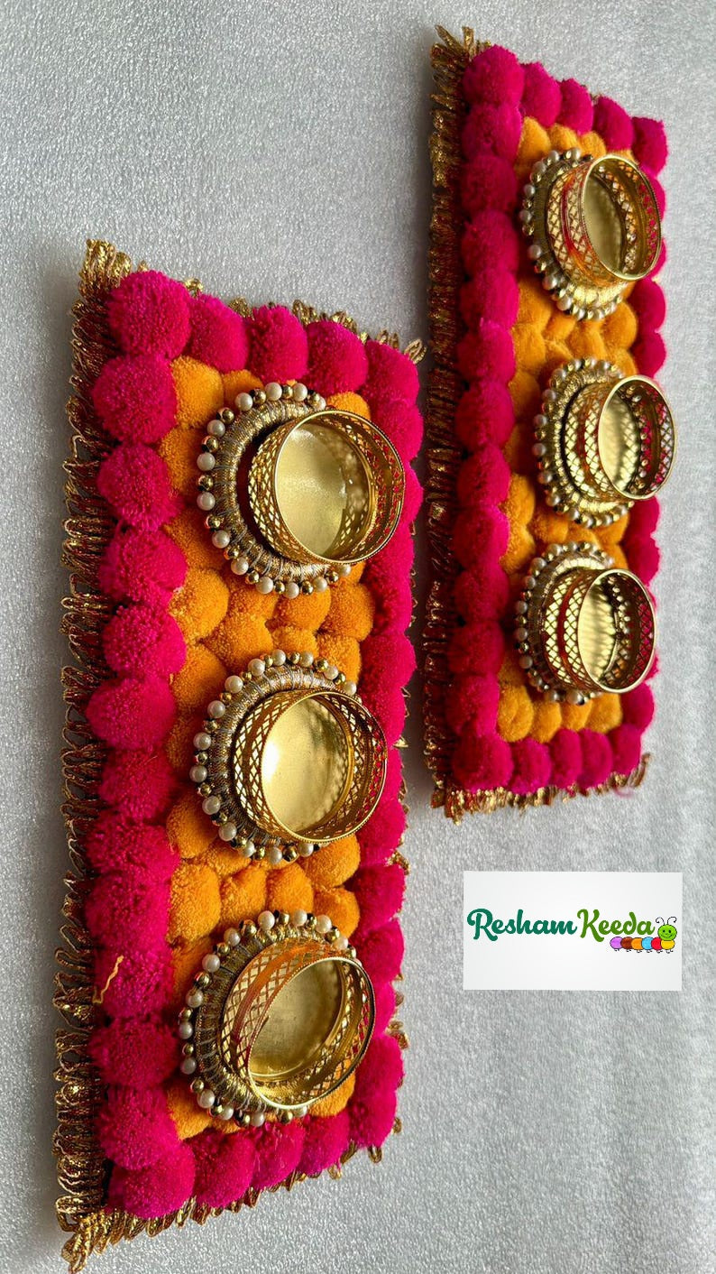 Beautiful Budget Friendly Readymade Handcrafted Pom Pom Rangoli Platter with Tlight and Candle Holders for Wedding Diwali Festival and Home Decoration (Pack of 2)