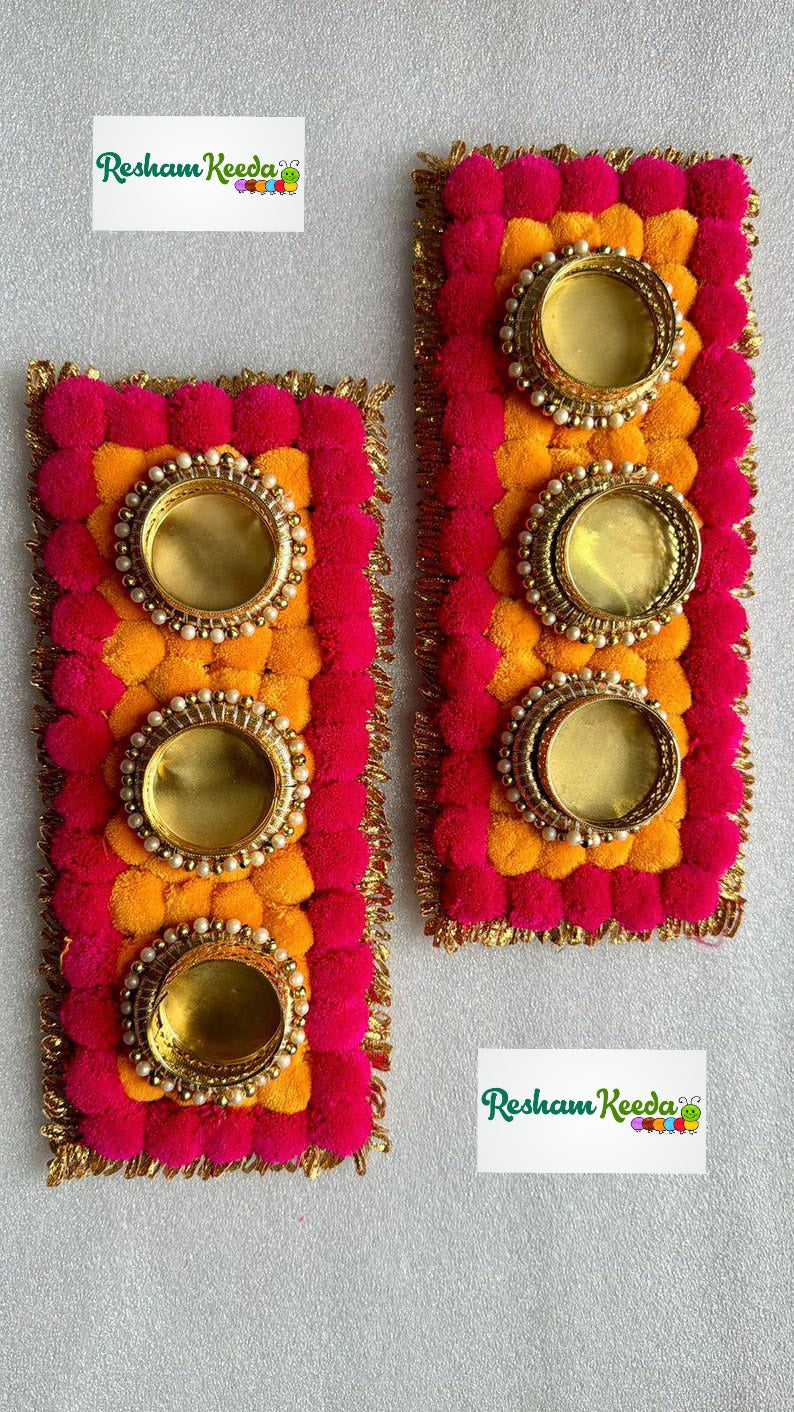Beautiful Budget Friendly Readymade Handcrafted Pom Pom Rangoli Platter with Tlight and Candle Holders for Wedding Diwali Festival and Home Decoration (Pack of 2)
