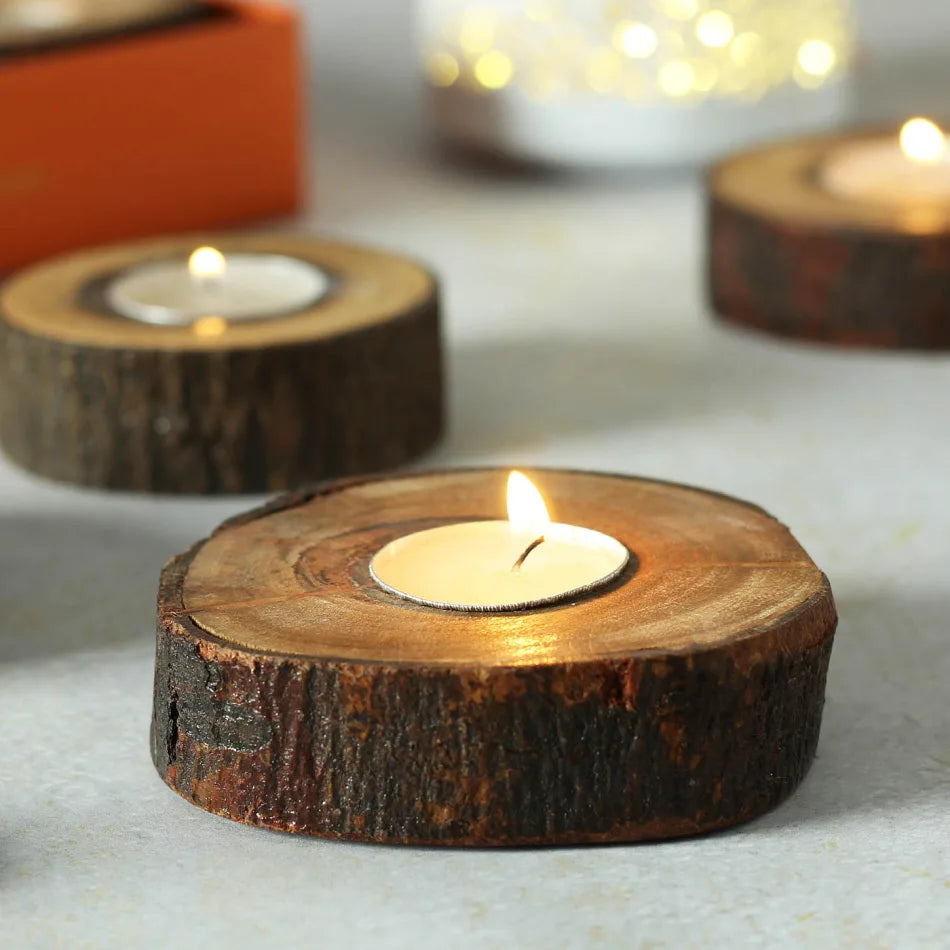 Beautiful Handcrafted Natural Wooden Round Tlight and Candle Holders for Diwali Festival Home Decoration and Gifting (Set of 10)