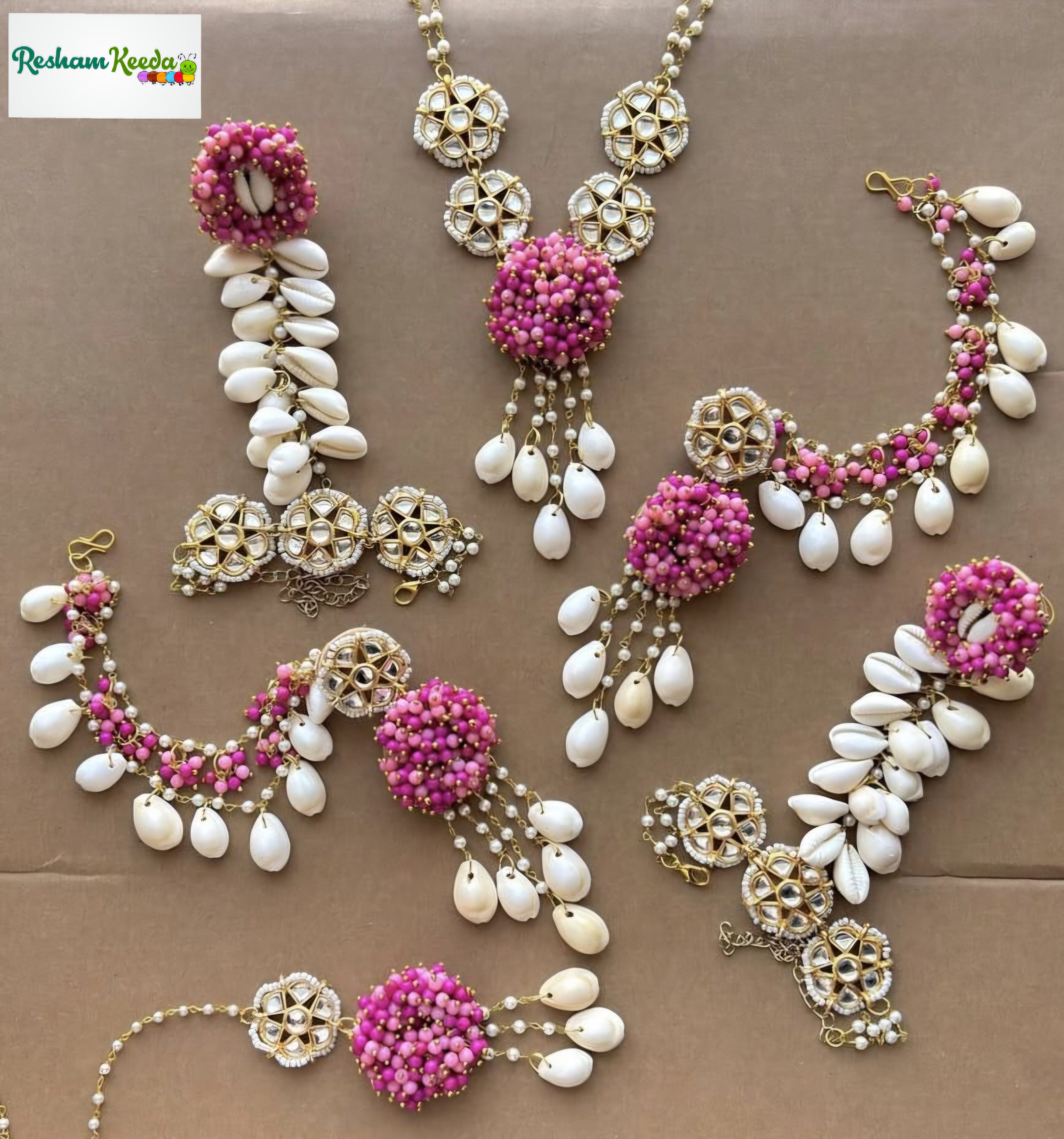 Beautiful Customizable Fabric Kundan Kaudi Motifs Sea Shell Shankh Complete Jewelery Set with Kaleere for Haldi Mehendi Ceremony Wedding and All Other Events (Pink)