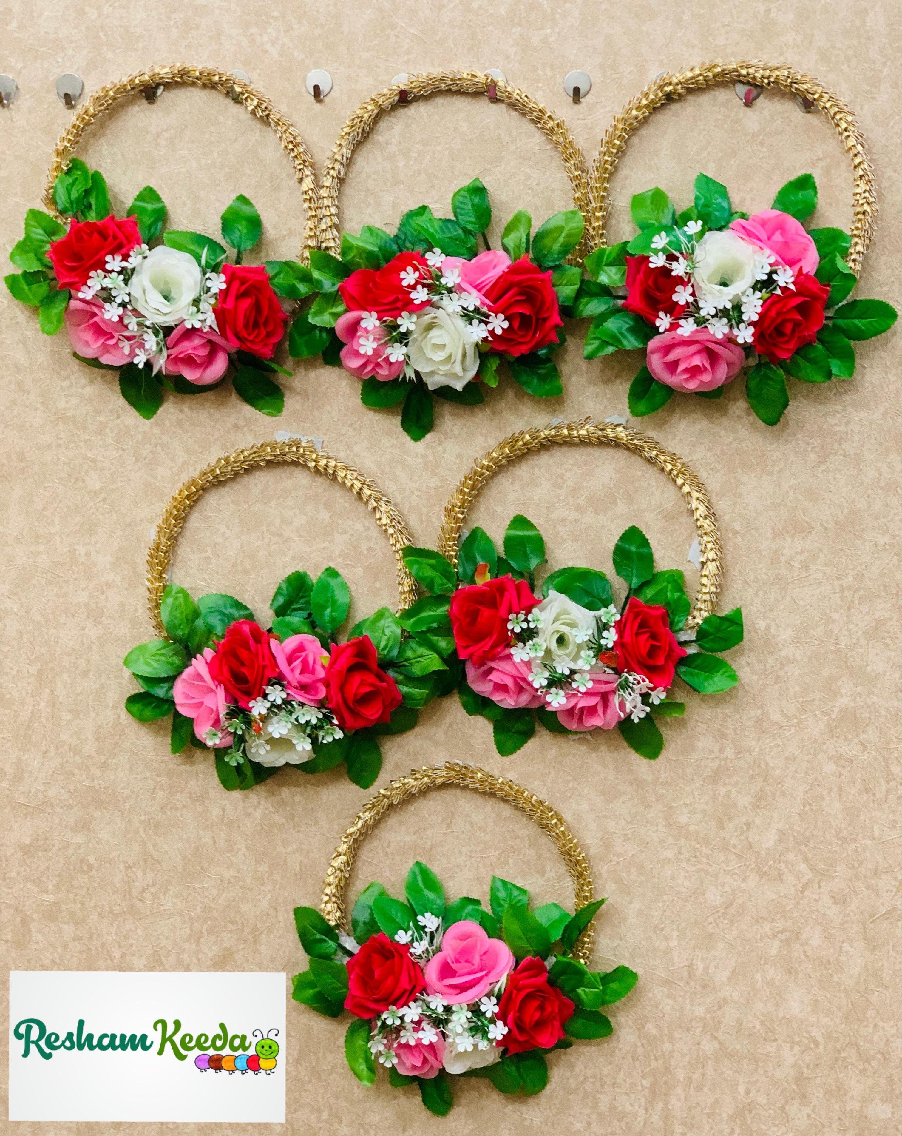 Beautiful Handcrafted Floral Gota Rings as Wall Ceiling Staircase Hanging Latkan for Diwali Ganesh Utsav Chaturthi Janamashtmi Rakshanbandhan Eid Festival Haldi Mehendi Wedding Home Decoration (Pack of 6)