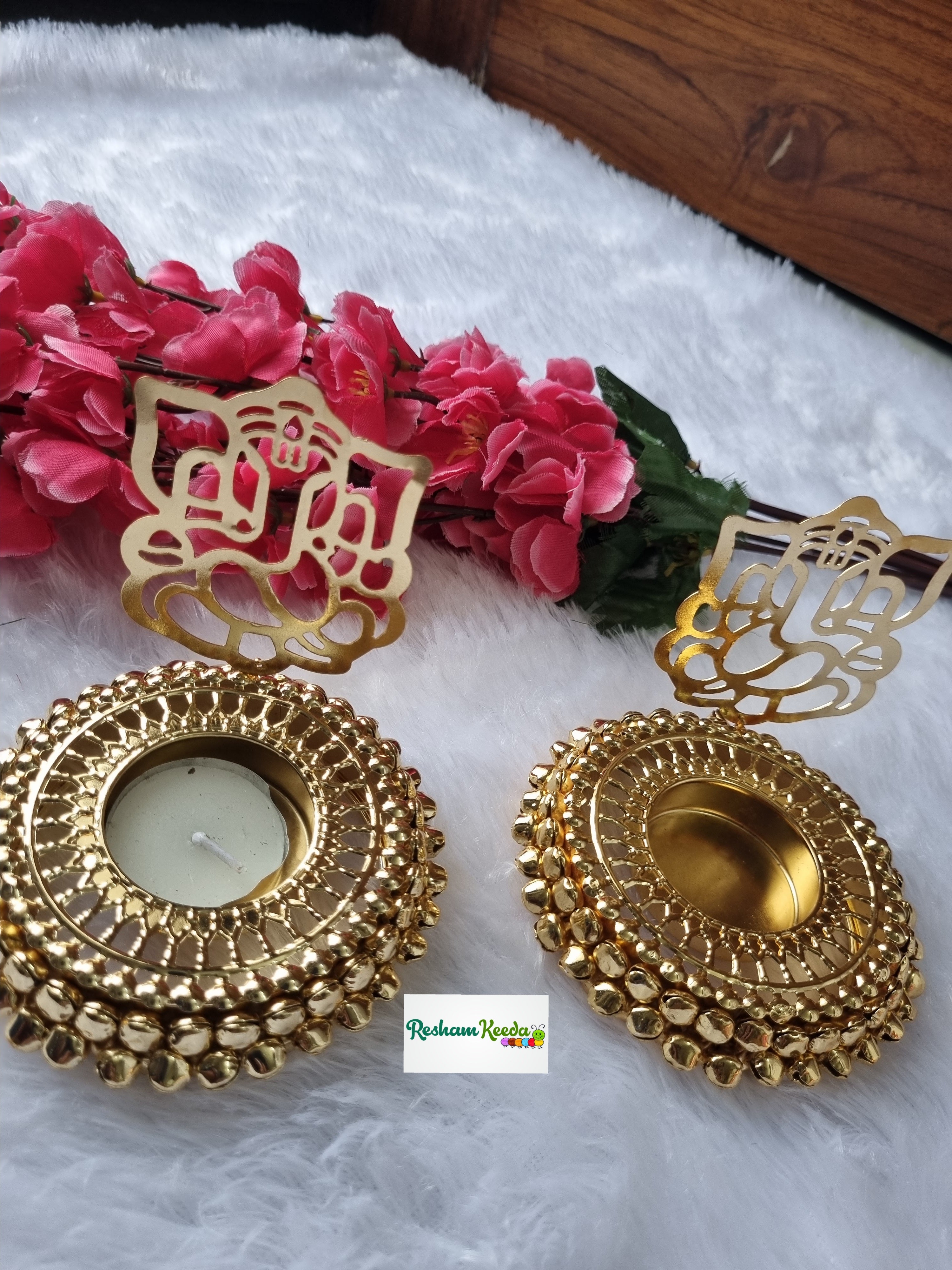 Premium Quality Metal Ghunghroo Bells Deepak Diya Tlight Holder with Lord Ganesha Reflection Perfect for Gifting Return Favors Giveaways on Diwali Ganesh Utsav House Warming Wedding Teej and Other Events (Set of 2)