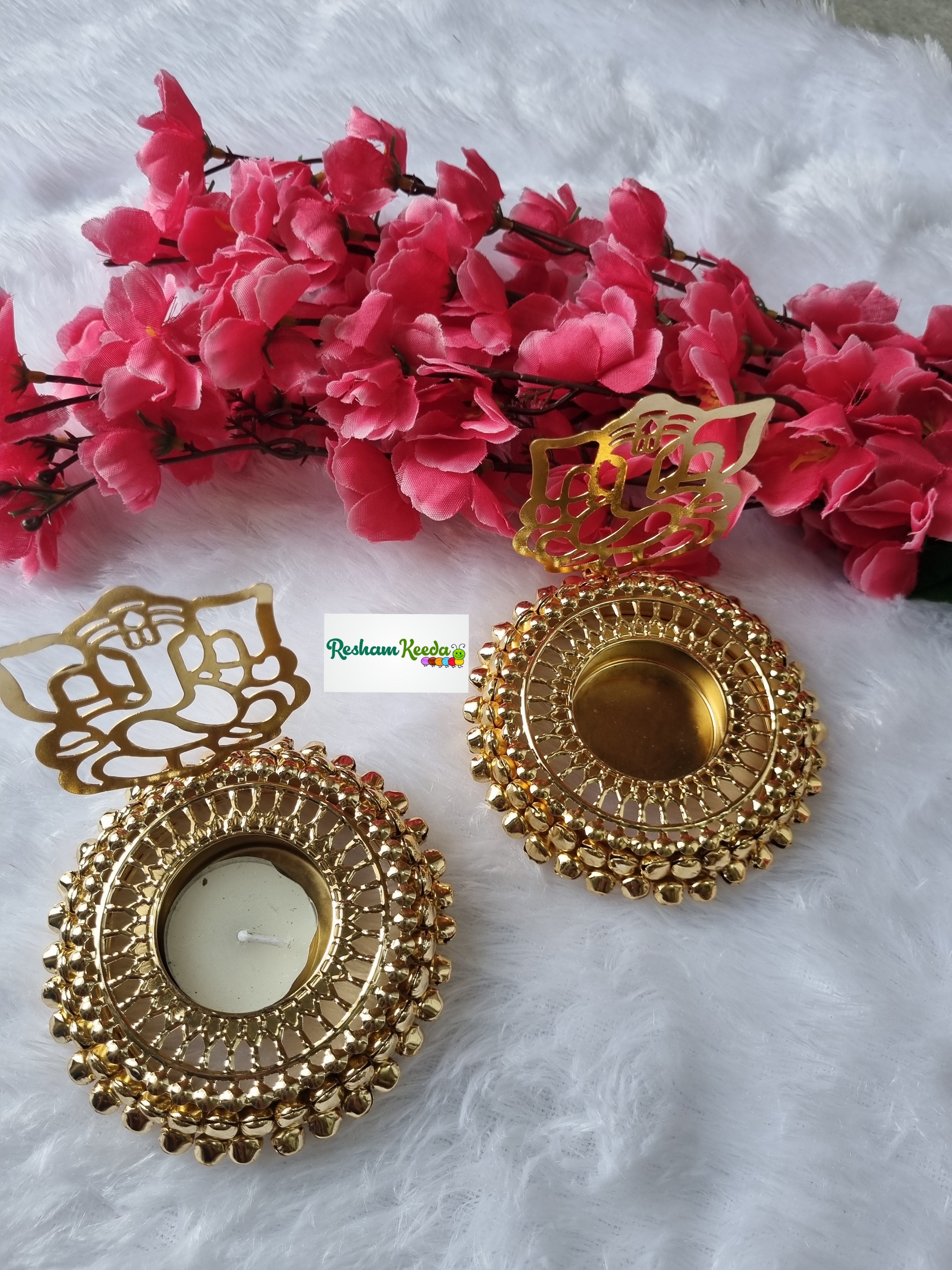 Premium Quality Metal Ghunghroo Bells Deepak Diya Tlight Holder with Lord Ganesha Reflection Perfect for Gifting Return Favors Giveaways on Diwali Ganesh Utsav House Warming Wedding Teej and Other Events (Set of 2)