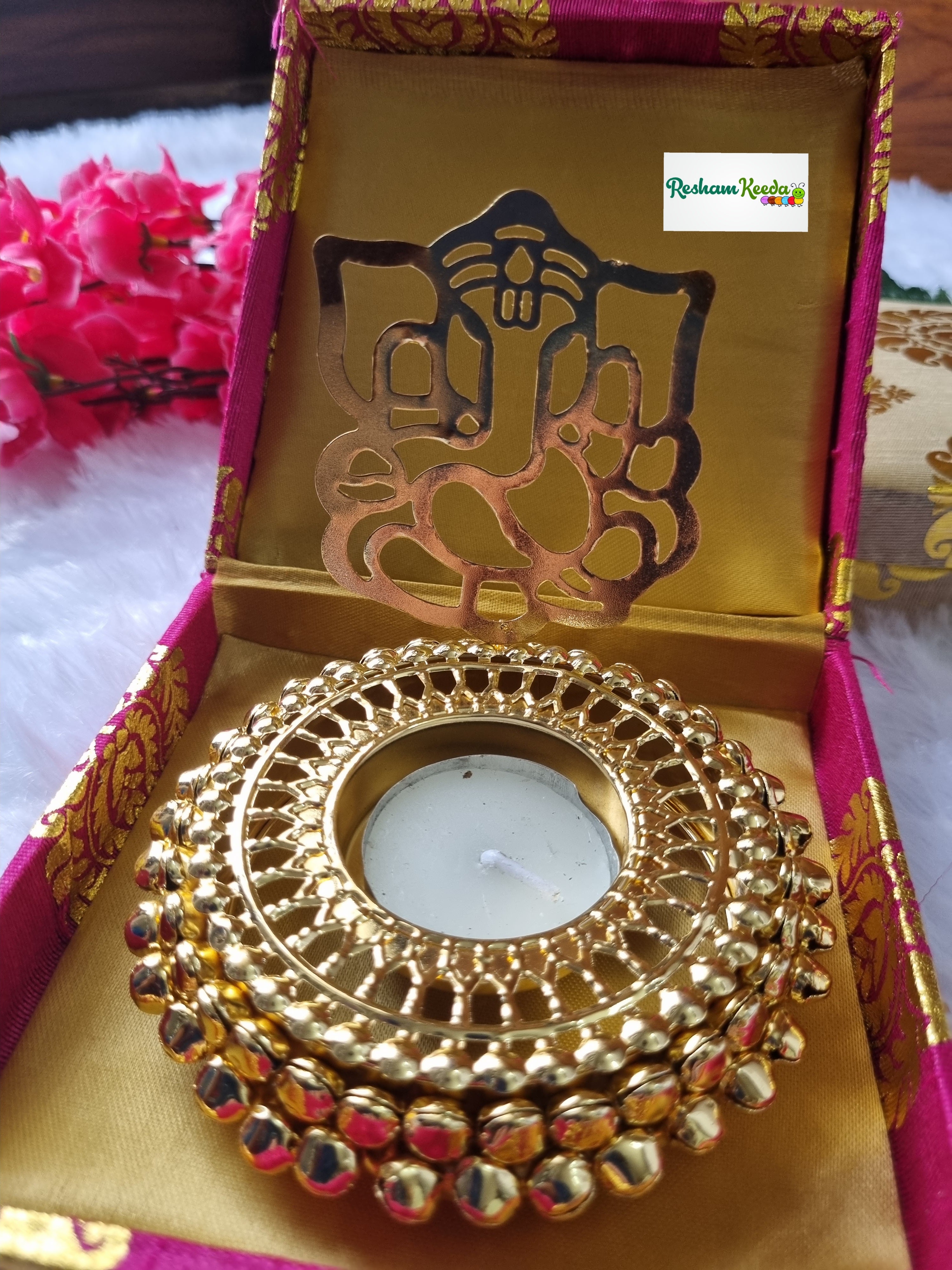Premium Quality Metal Ghunghroo Bells Deepak Diya Tlight Holder with Lord Ganesha Reflection Perfect in Beautiful Box Combo Perfect for Gifting Return Favors Giveaways on Diwali Ganesh Utsav House Warming Wedding Teej and Other Events