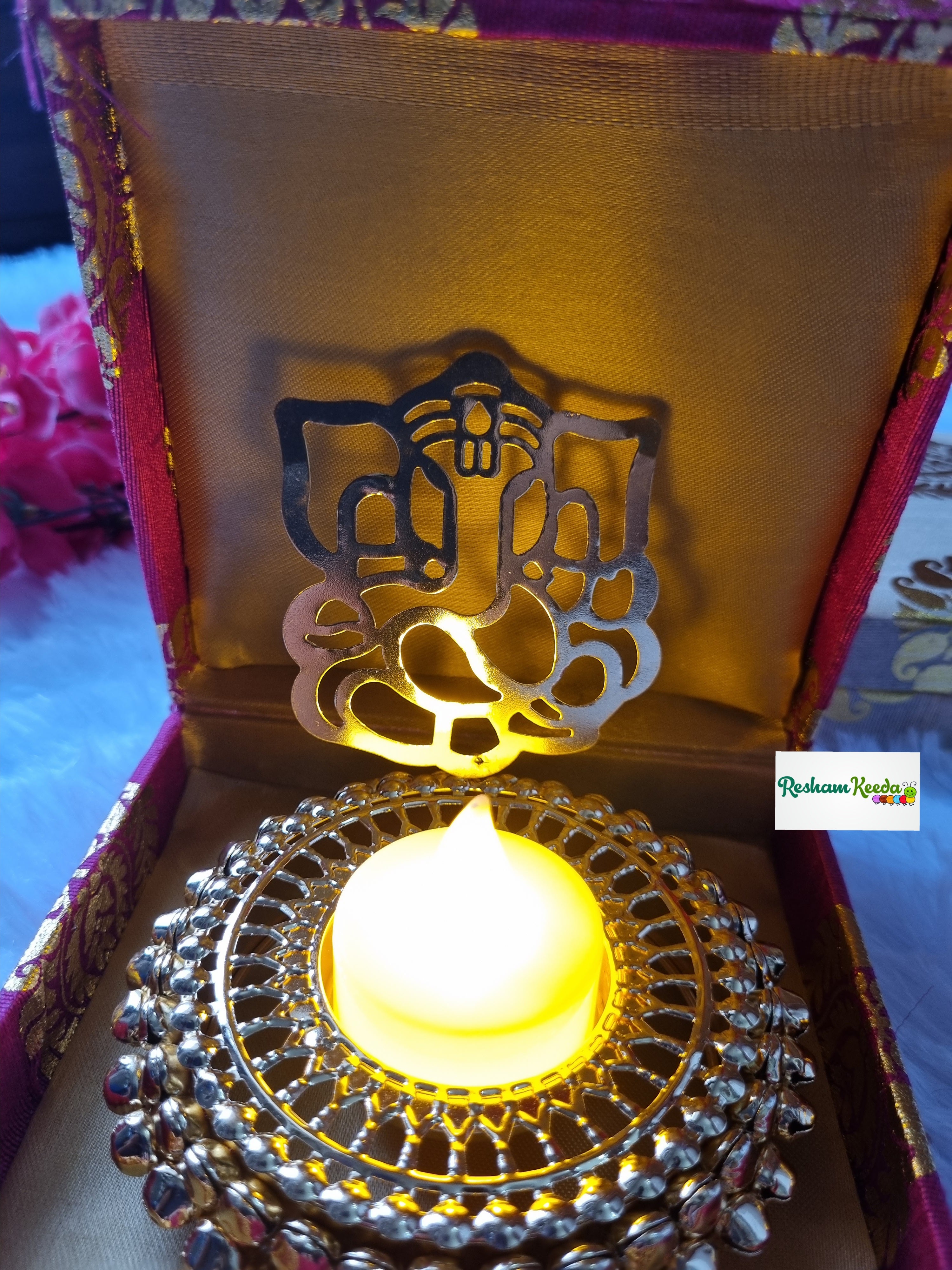 Premium Quality Metal Ghunghroo Bells Deepak Diya Tlight Holder with Lord Ganesha Reflection Perfect in Beautiful Box Combo Perfect for Gifting Return Favors Giveaways on Diwali Ganesh Utsav House Warming Wedding Teej and Other Events