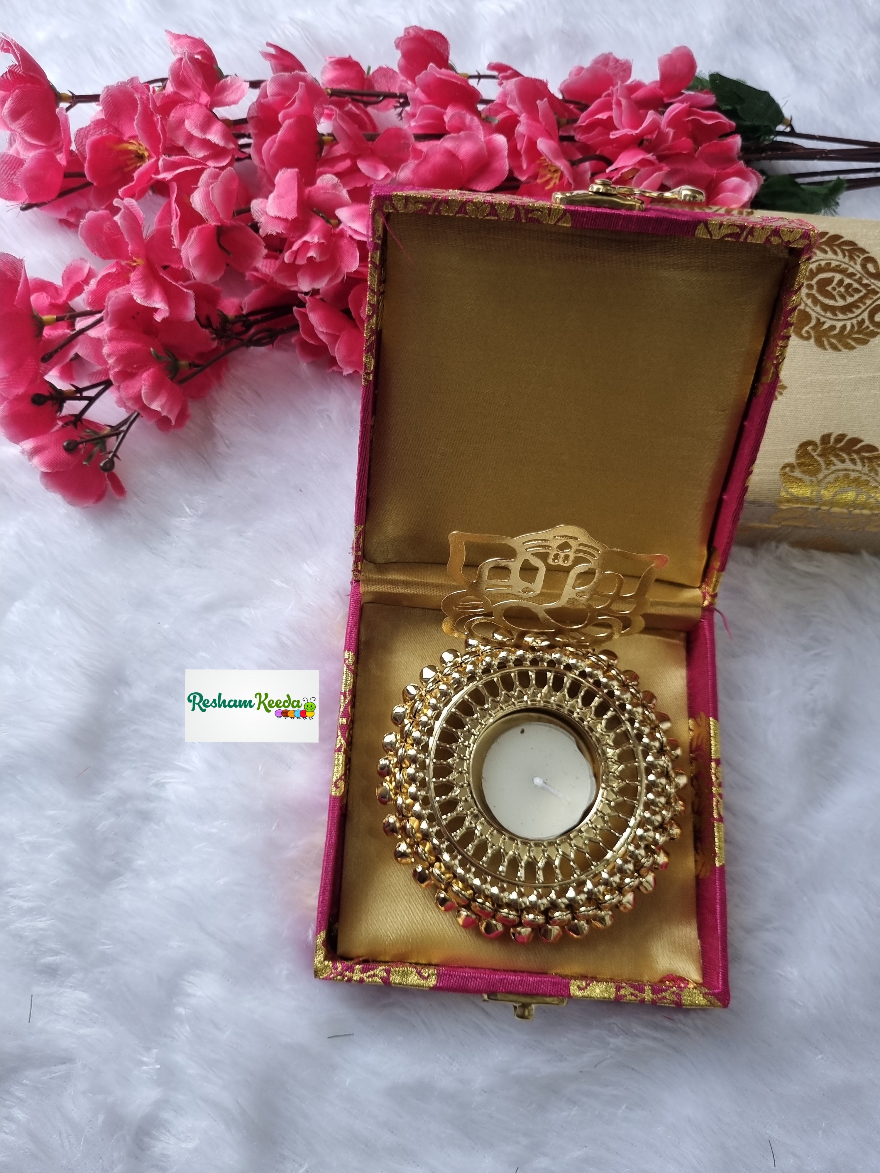 Premium Quality Metal Ghunghroo Bells Deepak Diya Tlight Holder with Lord Ganesha Reflection Perfect in Beautiful Box Combo Perfect for Gifting Return Favors Giveaways on Diwali Ganesh Utsav House Warming Wedding Teej and Other Events