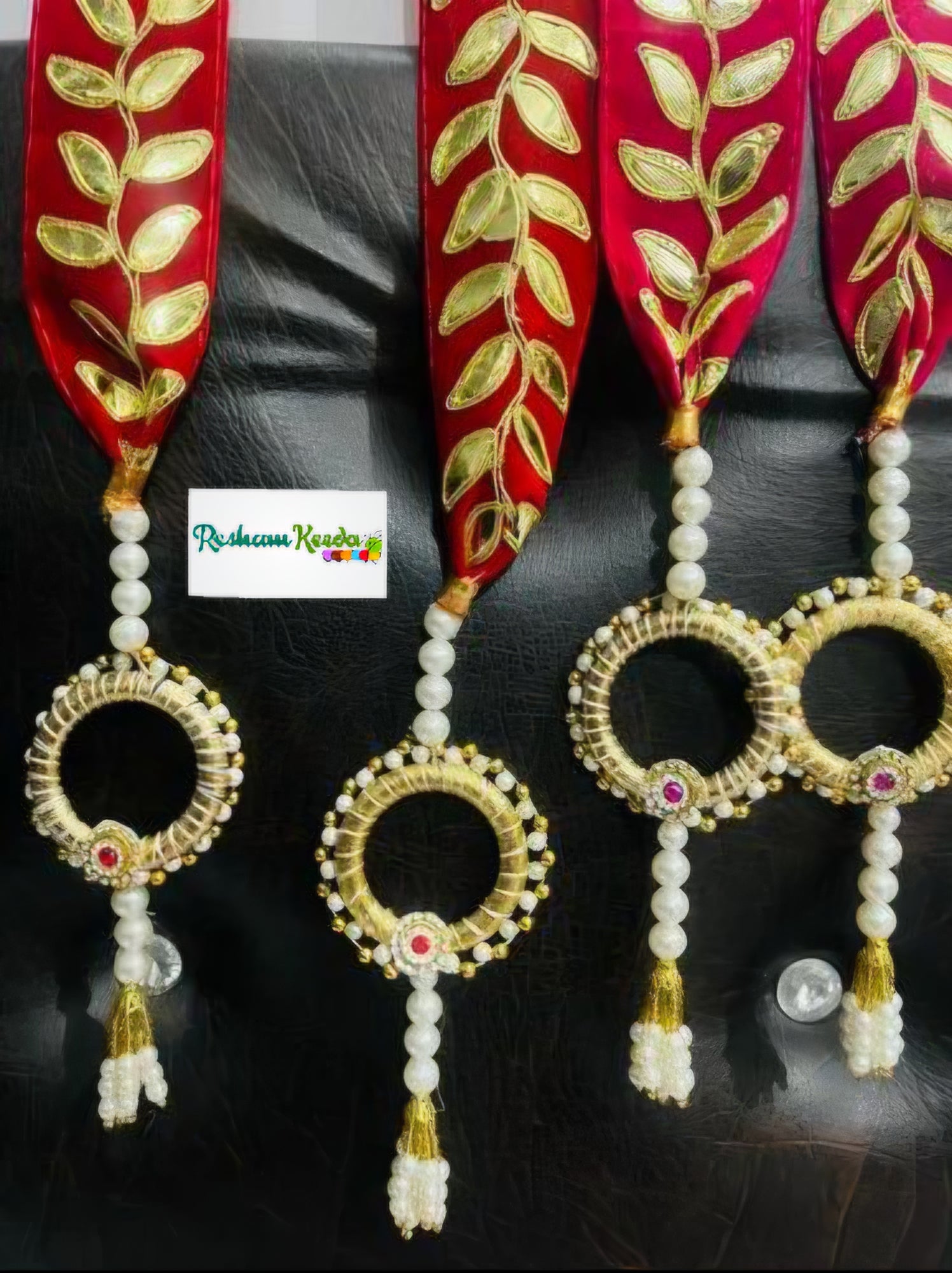 Beautiful Royal Looking Gota Patti with Heavy Moti Bangle Tussel Stole Mala for Mameru Swagat Baraat Haldi Mehendi Bhaat Wedding Festive Gifting Giveaways (Pack of 10)