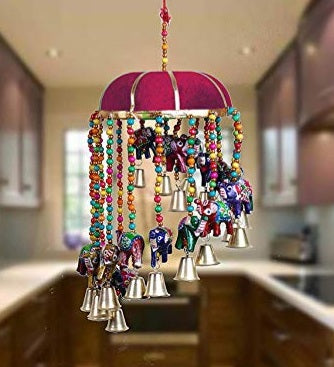 Handicraft Hand Painted Tokri Elephant Hanging with Bell and Elephant/Jhoomer/Latkan Wind Chimes for Door, Home, Balcony, Garden Decoration