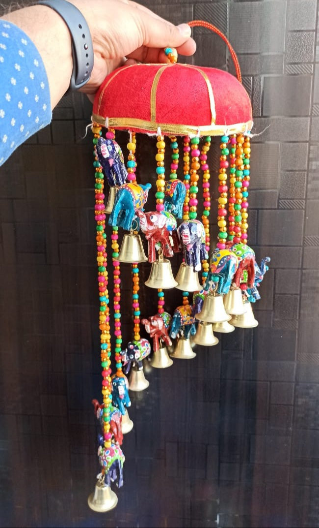 Handicraft Hand Painted Tokri Elephant Hanging with Bell and Elephant/Jhoomer/Latkan Wind Chimes for Door, Home, Balcony, Garden Decoration