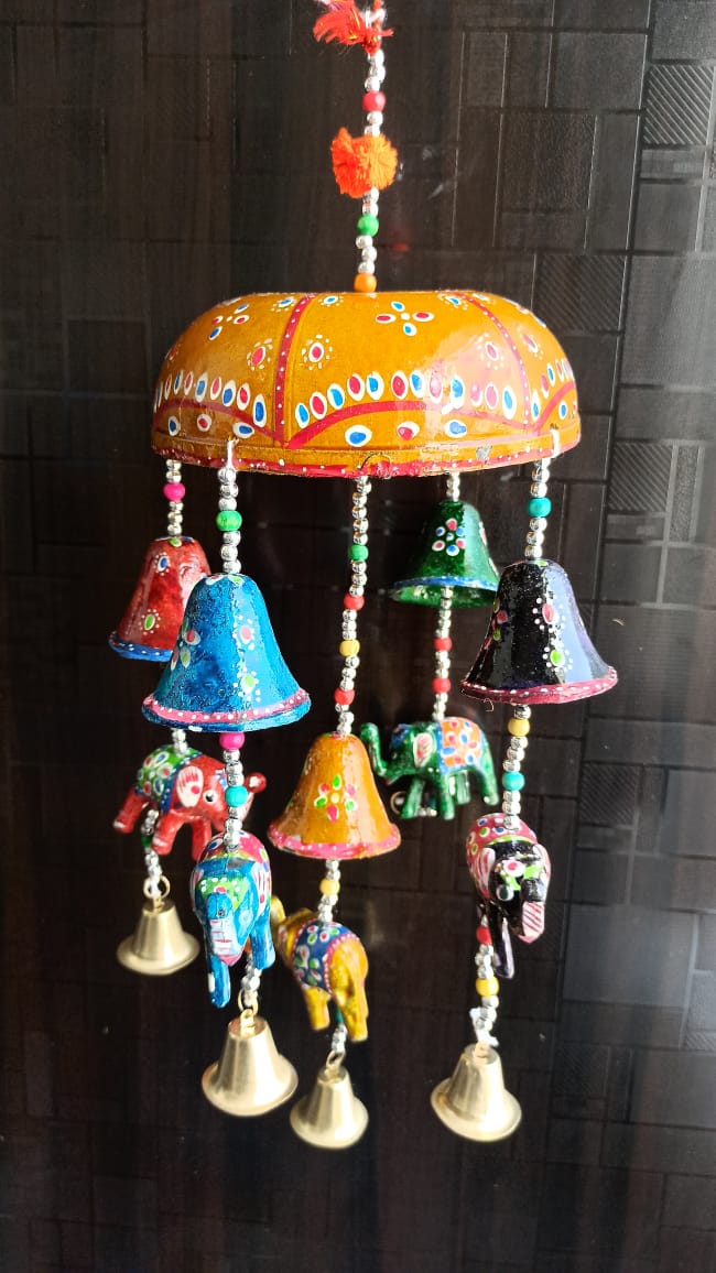 Handicraft Hand Painted Tokri Elephant Hanging with Bell and Elephant/Jhoomer/Latkan Wind Chimes for Door, Home, Balcony, Garden Decoration