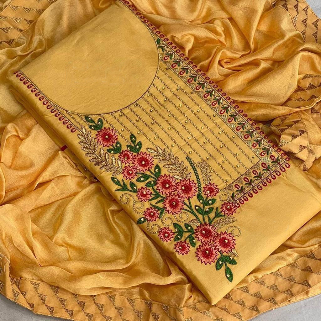 Varun Gold Gless Cotton Heavy Embroidery Suit Material Set, For Festival  Wear at Rs 500 in Surat